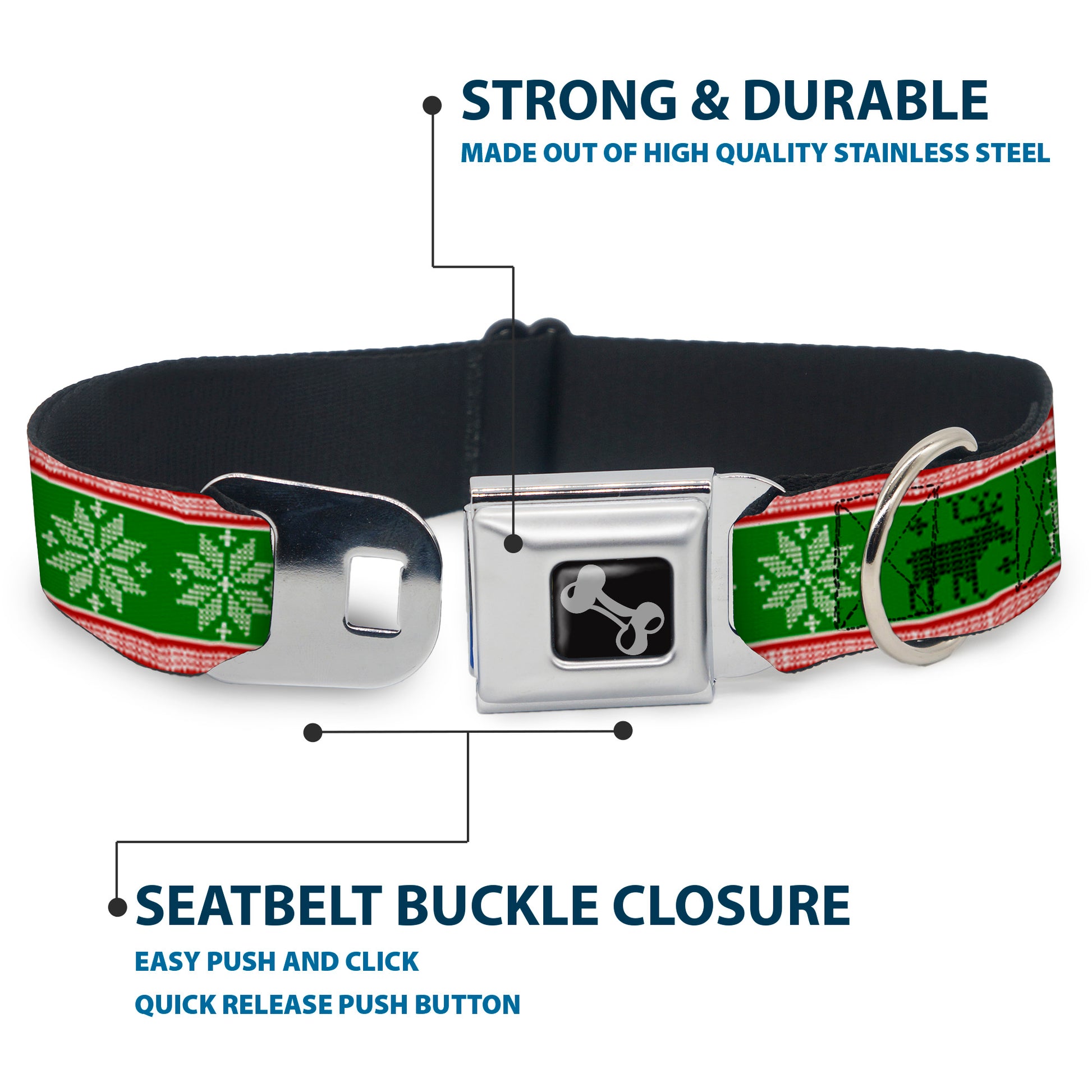Dog Bone Seatbelt Buckle Collar - Christmas Stitch Moose/Snowflakes Red/Green Seatbelt Buckle Collars Buckle-Down