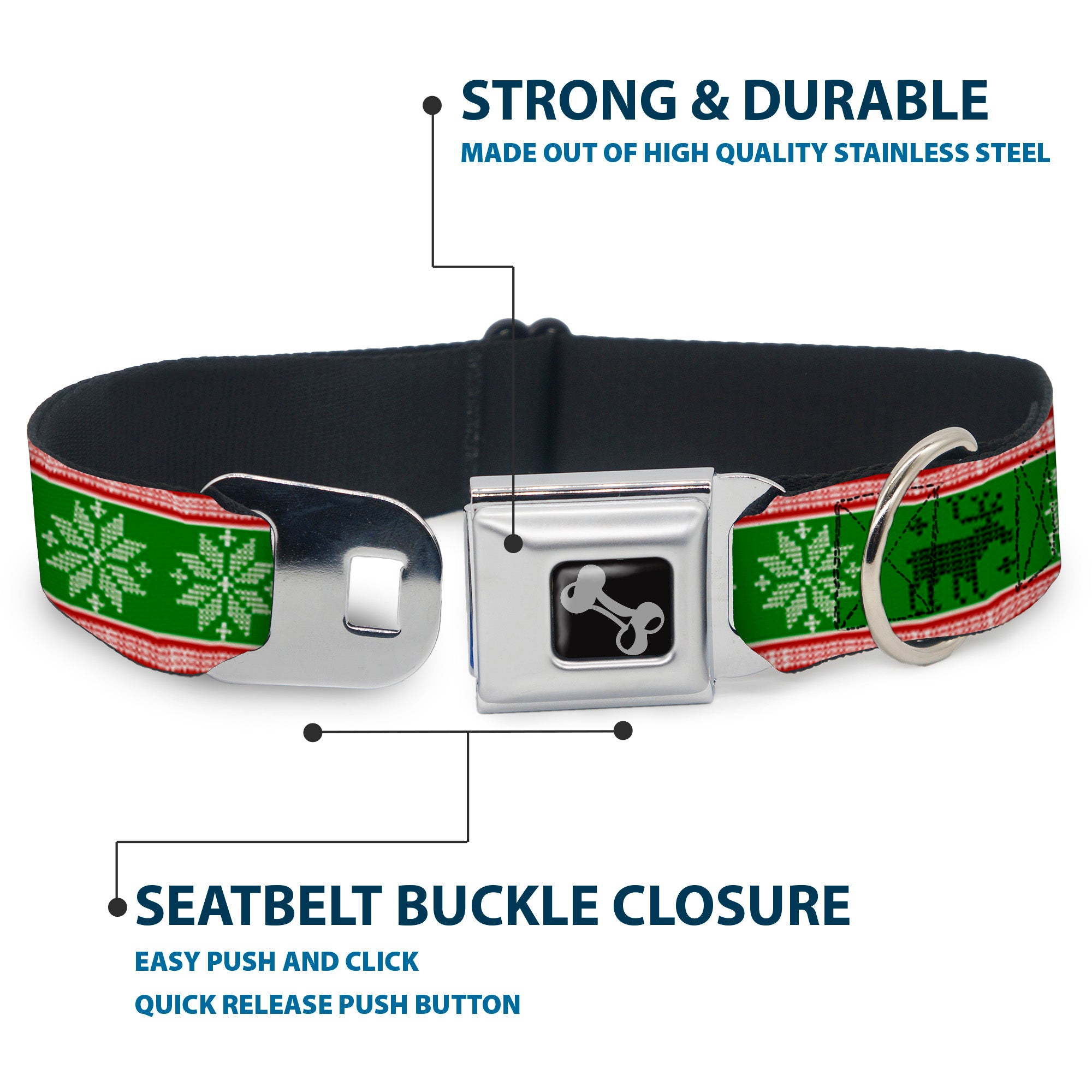 Dog Bone Seatbelt Buckle Collar - Christmas Stitch Moose/Snowflakes Red/Green Seatbelt Buckle Collars Buckle-Down