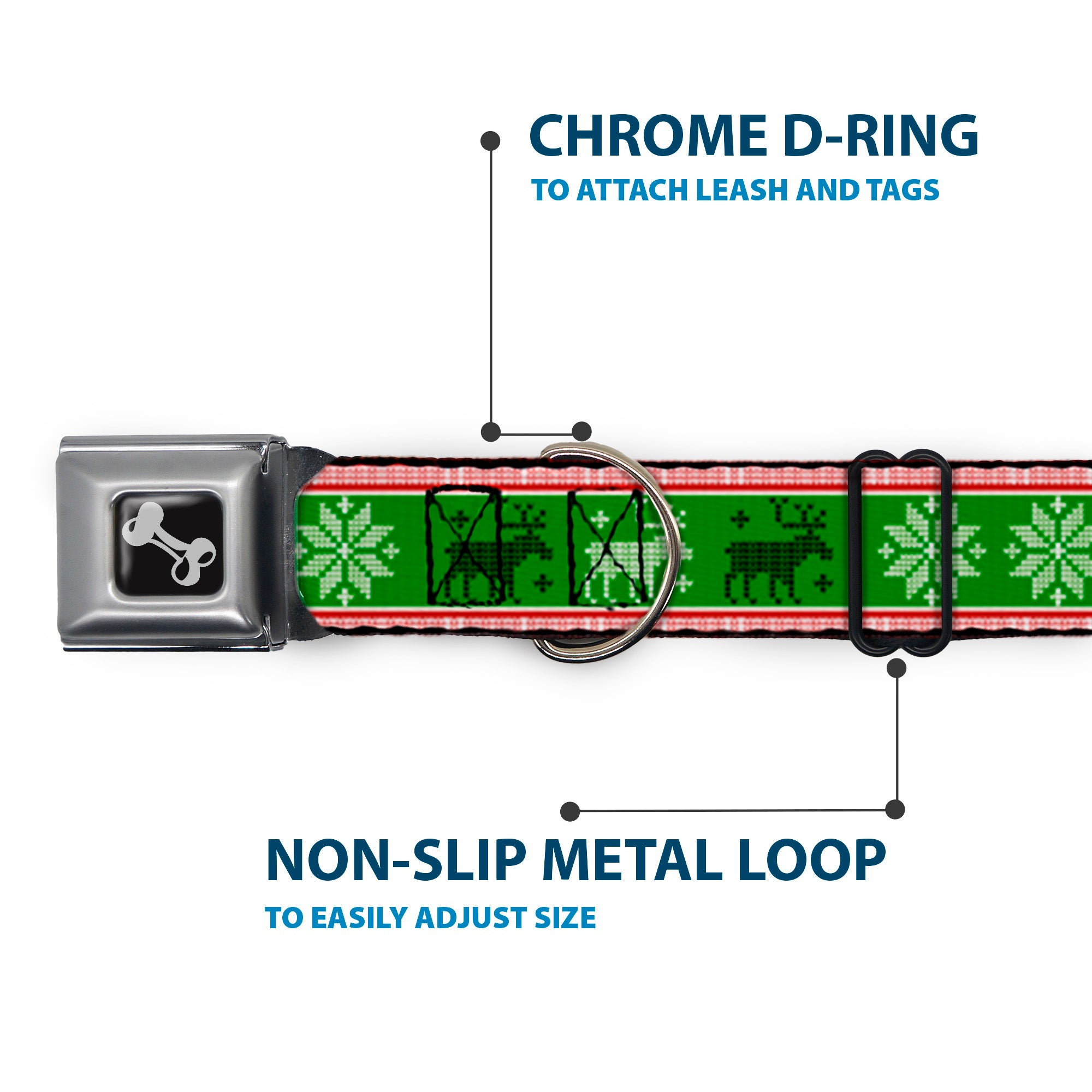 Dog Bone Seatbelt Buckle Collar - Christmas Stitch Moose/Snowflakes Red/Green Seatbelt Buckle Collars Buckle-Down
