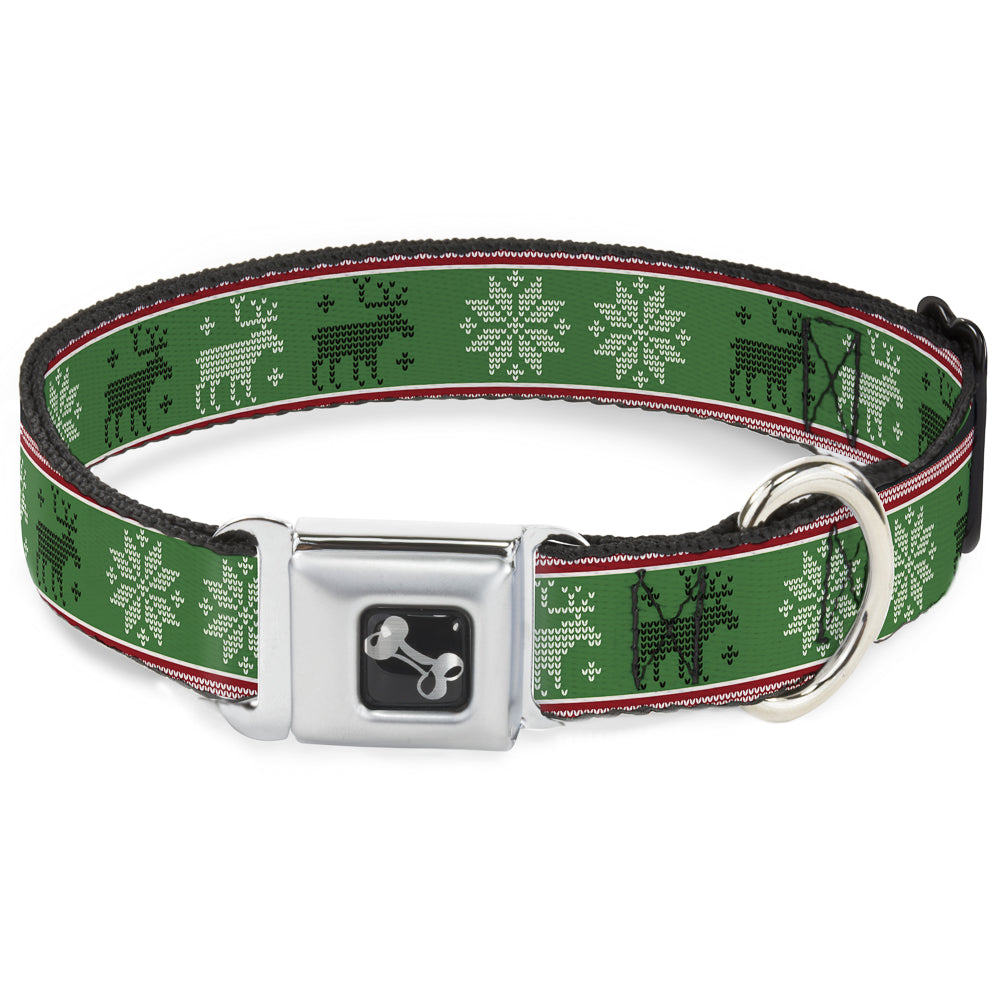 Dog Bone Seatbelt Buckle Collar - Christmas Stitch Moose/Snowflakes Red/Green Seatbelt Buckle Collars Buckle-Down