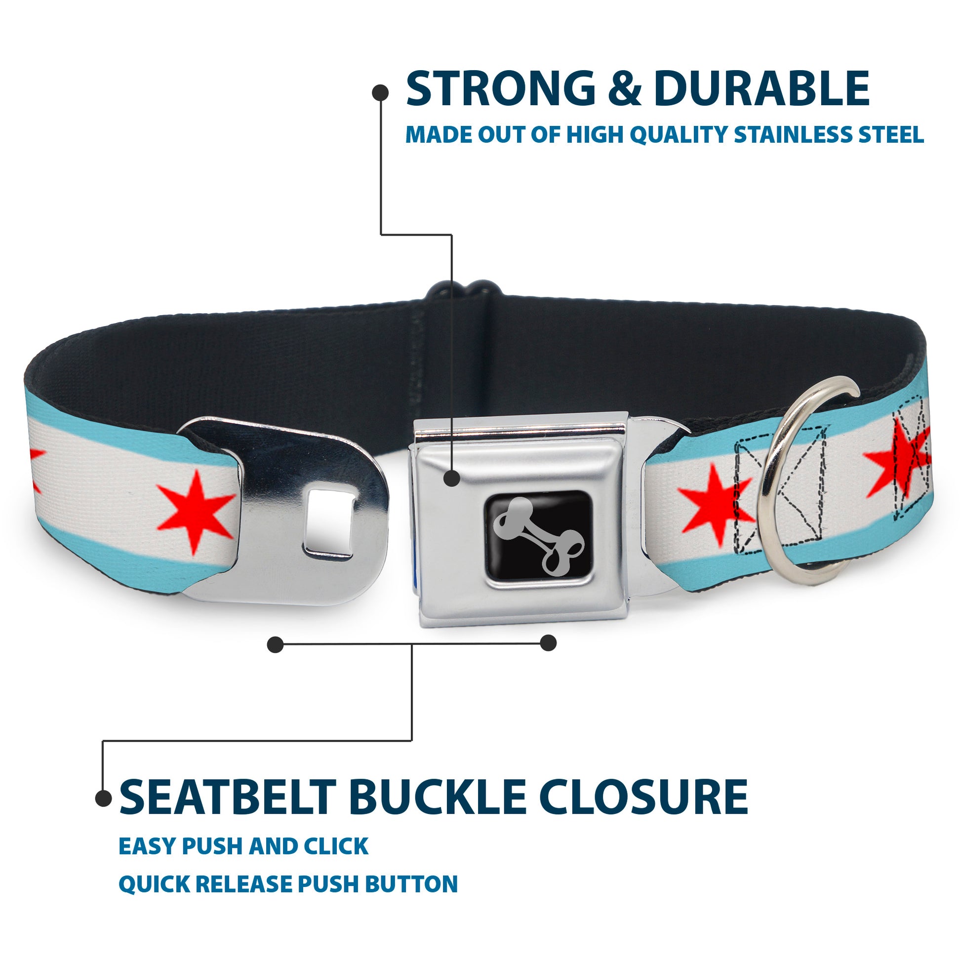 Dog Bone Seatbelt Buckle Collar - Chicago Flag Seatbelt Buckle Collars Buckle-Down