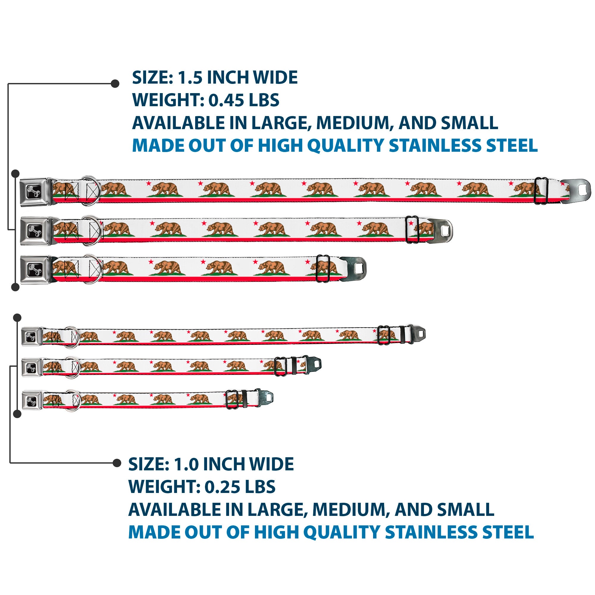 Dog Bone Seatbelt Buckle Collar - California Flag White w/Stripe Seatbelt Buckle Collars Buckle-Down
