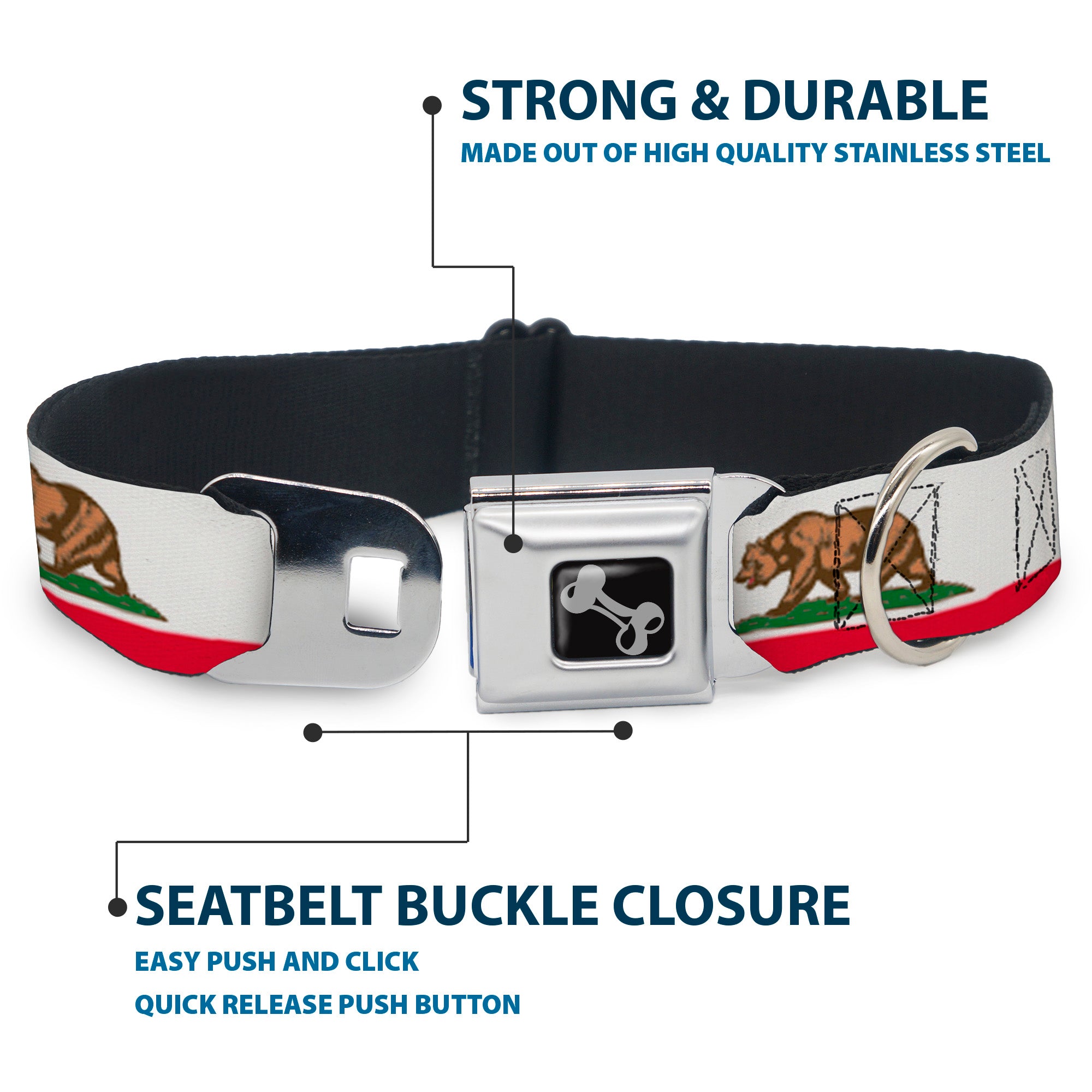 Dog Bone Seatbelt Buckle Collar - California Flag White w/Stripe Seatbelt Buckle Collars Buckle-Down