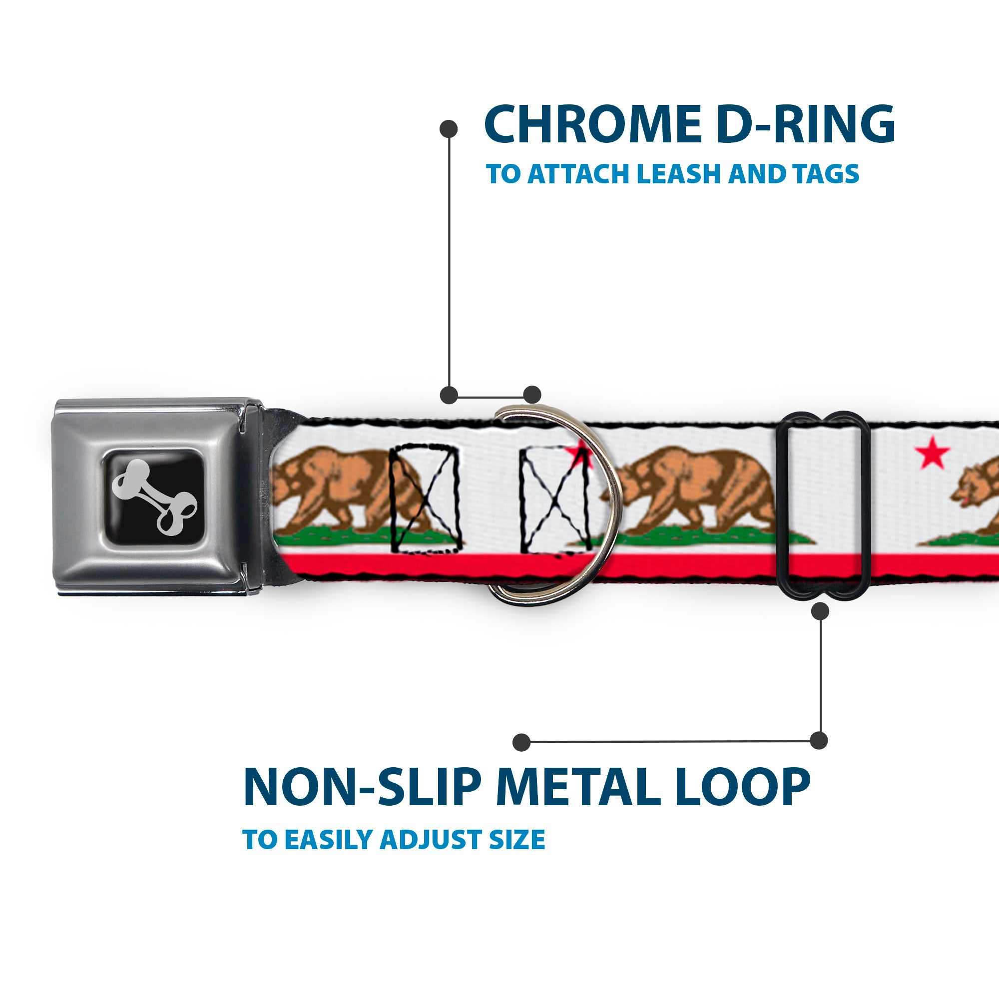 Dog Bone Seatbelt Buckle Collar - California Flag White w/Stripe Seatbelt Buckle Collars Buckle-Down