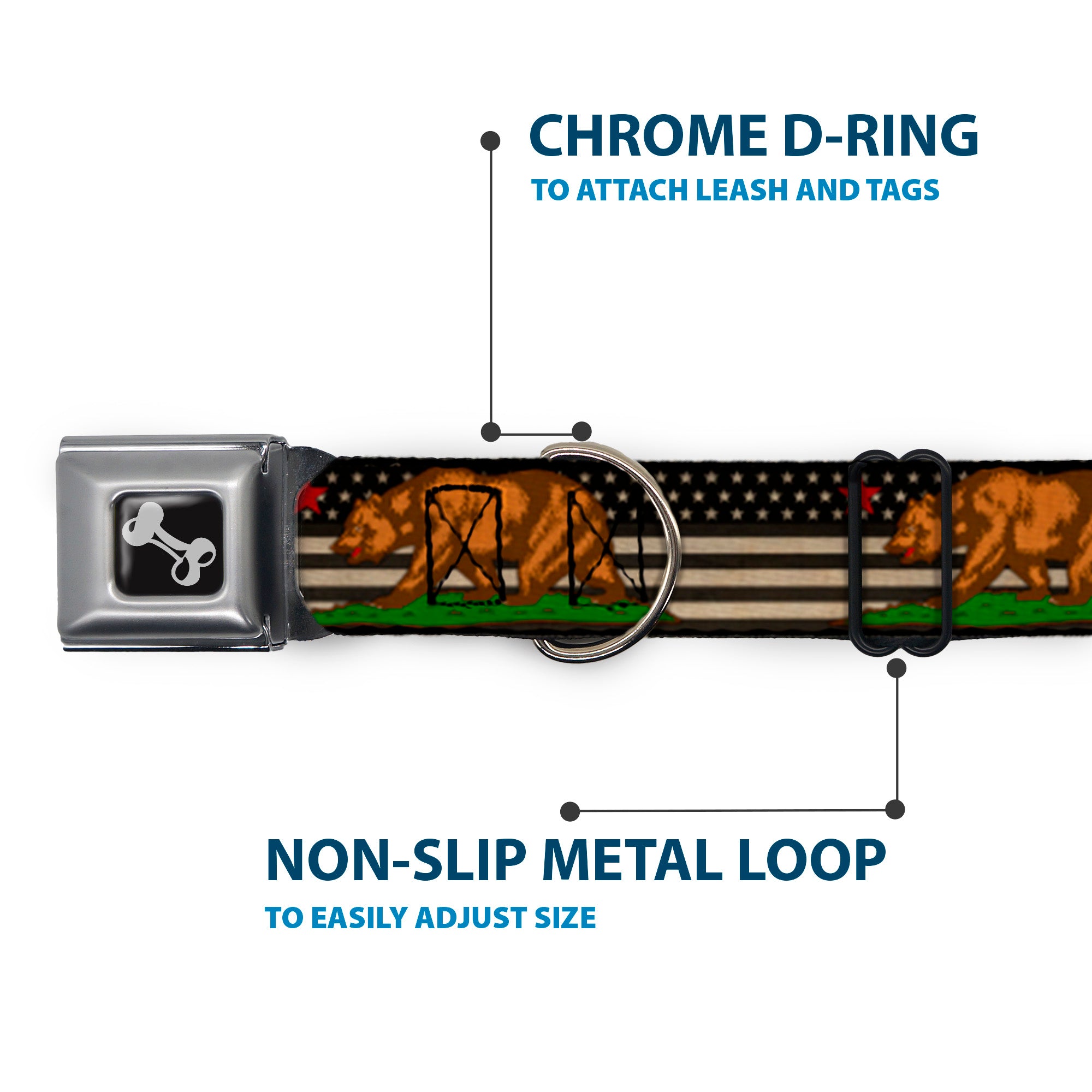 Dog Bone Seatbelt Buckle Collar - Cali Bear/Star/US Flag Stretch Black/White/Red Seatbelt Buckle Collars Buckle-Down