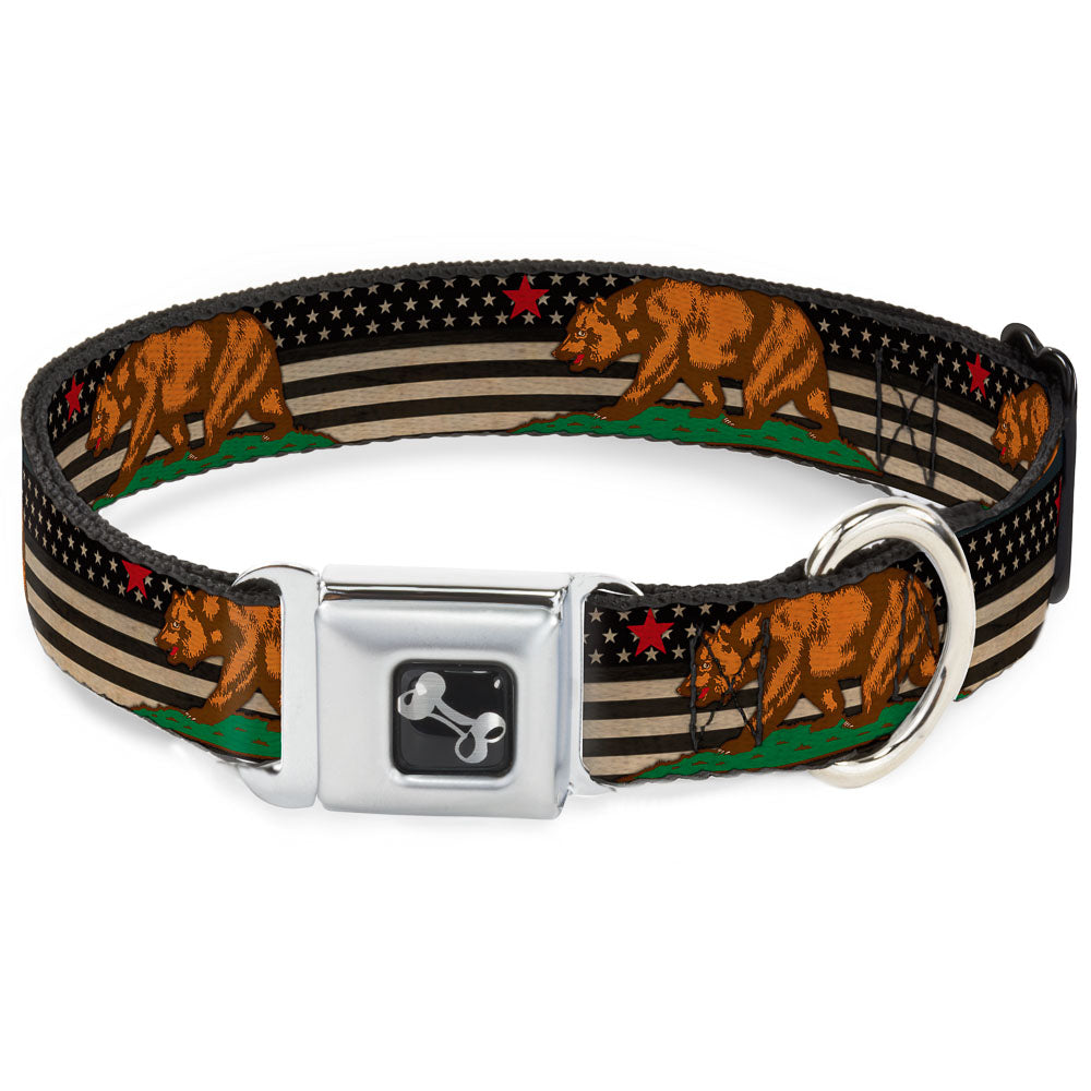 Dog Bone Seatbelt Buckle Collar - Cali Bear/Star/US Flag Stretch Black/White/Red Seatbelt Buckle Collars Buckle-Down