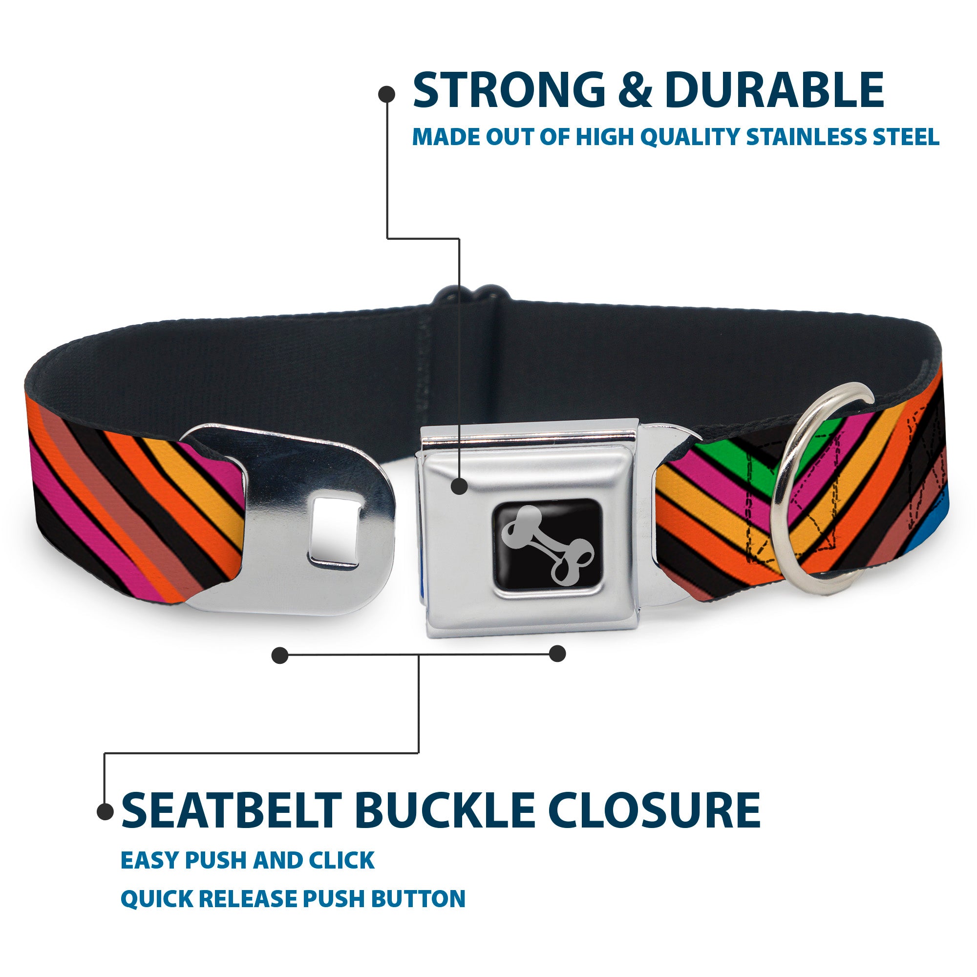 Dog Bone Seatbelt Buckle Collar - Chevron Freehand CLOSE-UP Multi Color Seatbelt Buckle Collars Buckle-Down