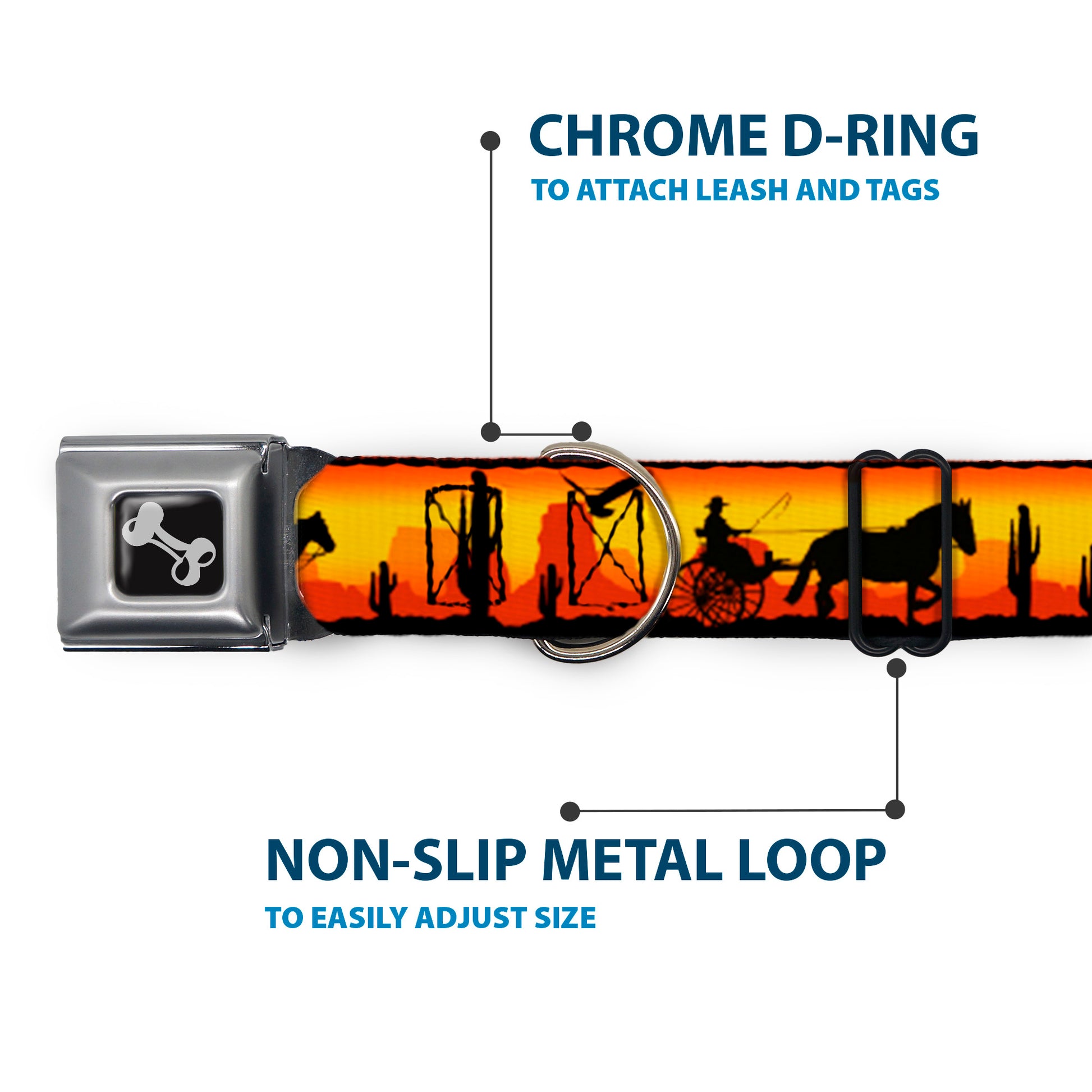 Dog Bone Seatbelt Buckle Collar - Cowboy Silhouette/Western Landscape Reds/Black Seatbelt Buckle Collars Buckle-Down