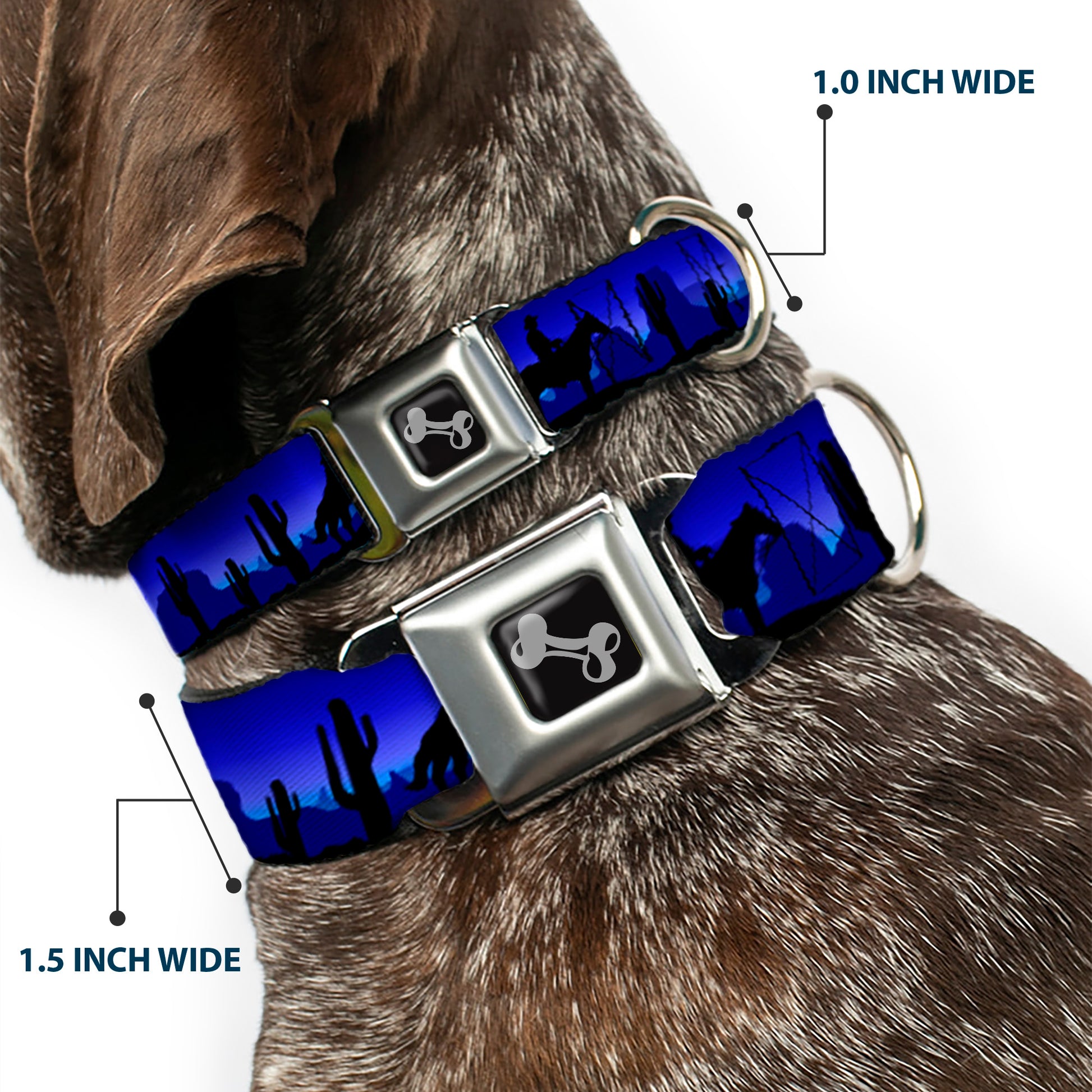 Dog Bone Seatbelt Buckle Collar - Cowboy/Coyote Silhouettes/Western Landscape Blues/Black Seatbelt Buckle Collars Buckle-Down