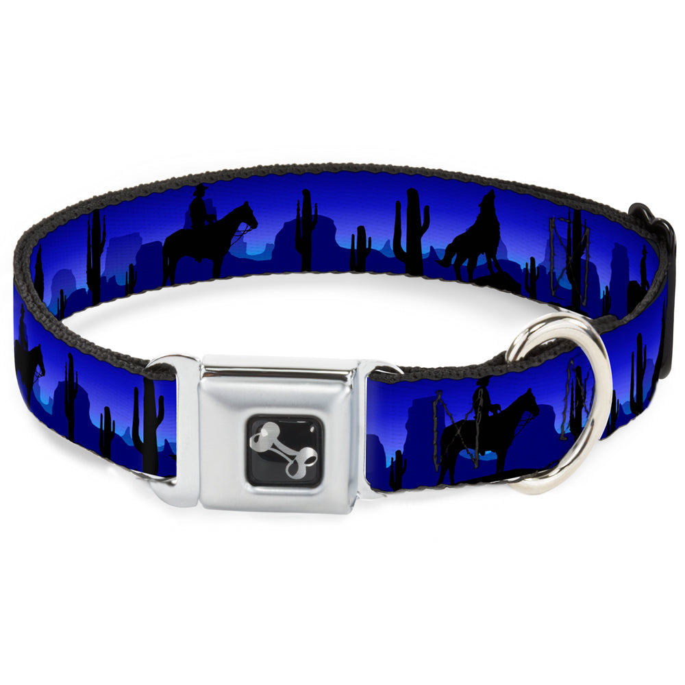 Dog Bone Seatbelt Buckle Collar - Cowboy/Coyote Silhouettes/Western Landscape Blues/Black Seatbelt Buckle Collars Buckle-Down