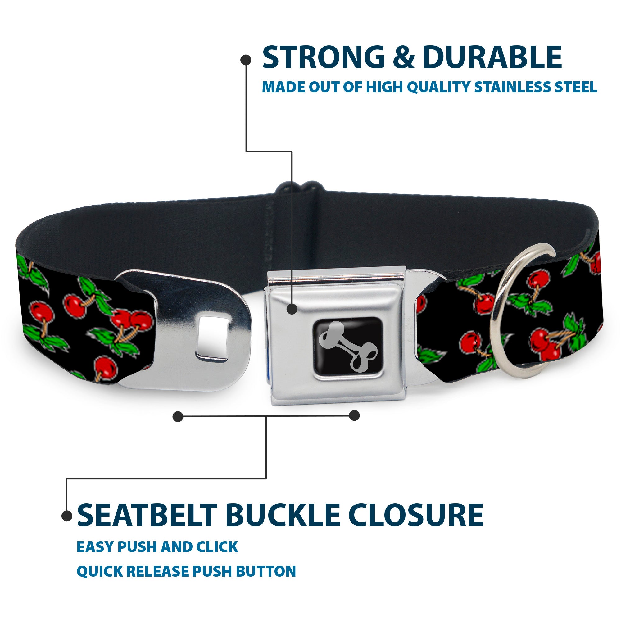 Dog Bone Seatbelt Buckle Collar - Cherries Scattered Black Seatbelt Buckle Collars Buckle-Down