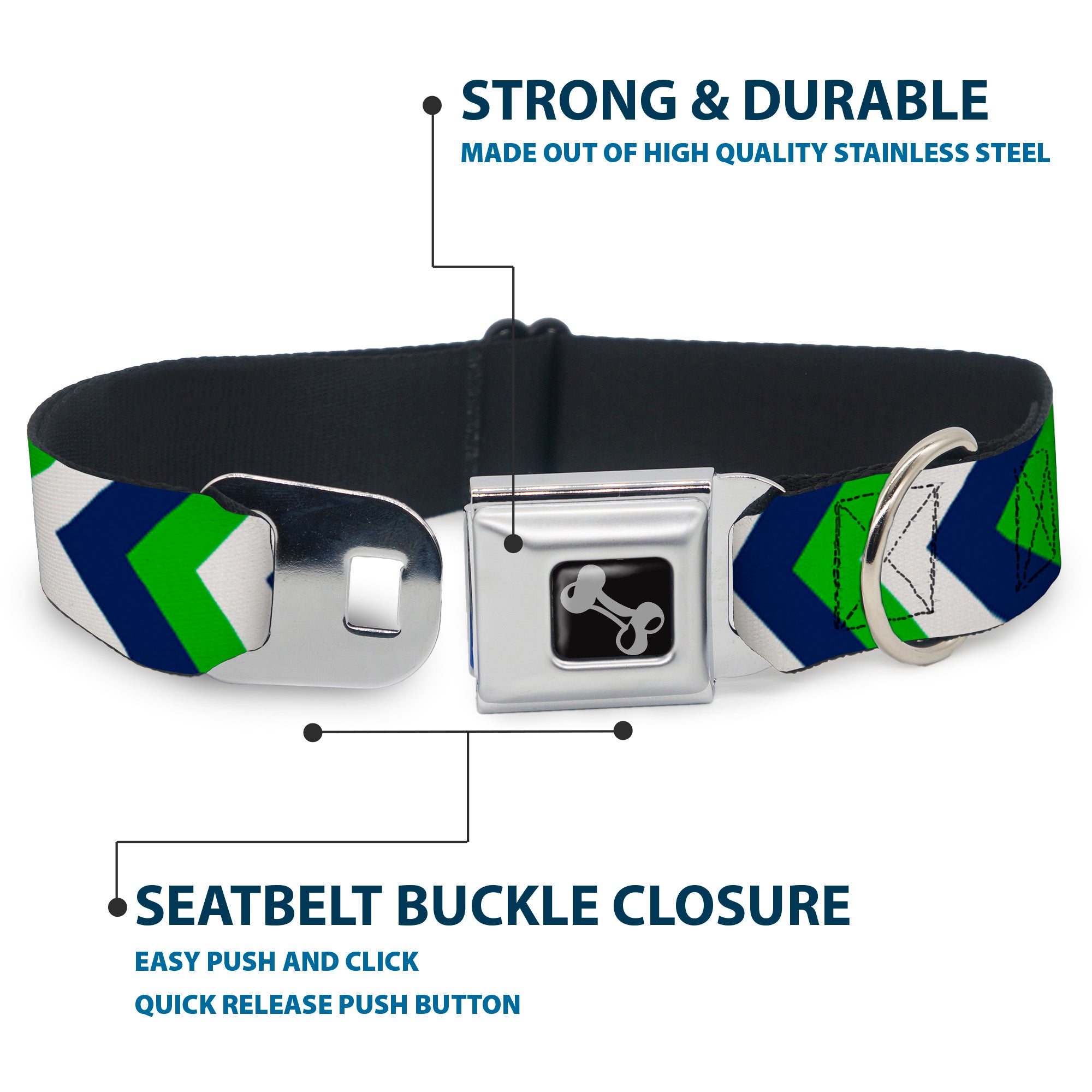 Dog Bone Seatbelt Buckle Collar - Chevron White/Bright Green/Navy Seatbelt Buckle Collars Buckle-Down