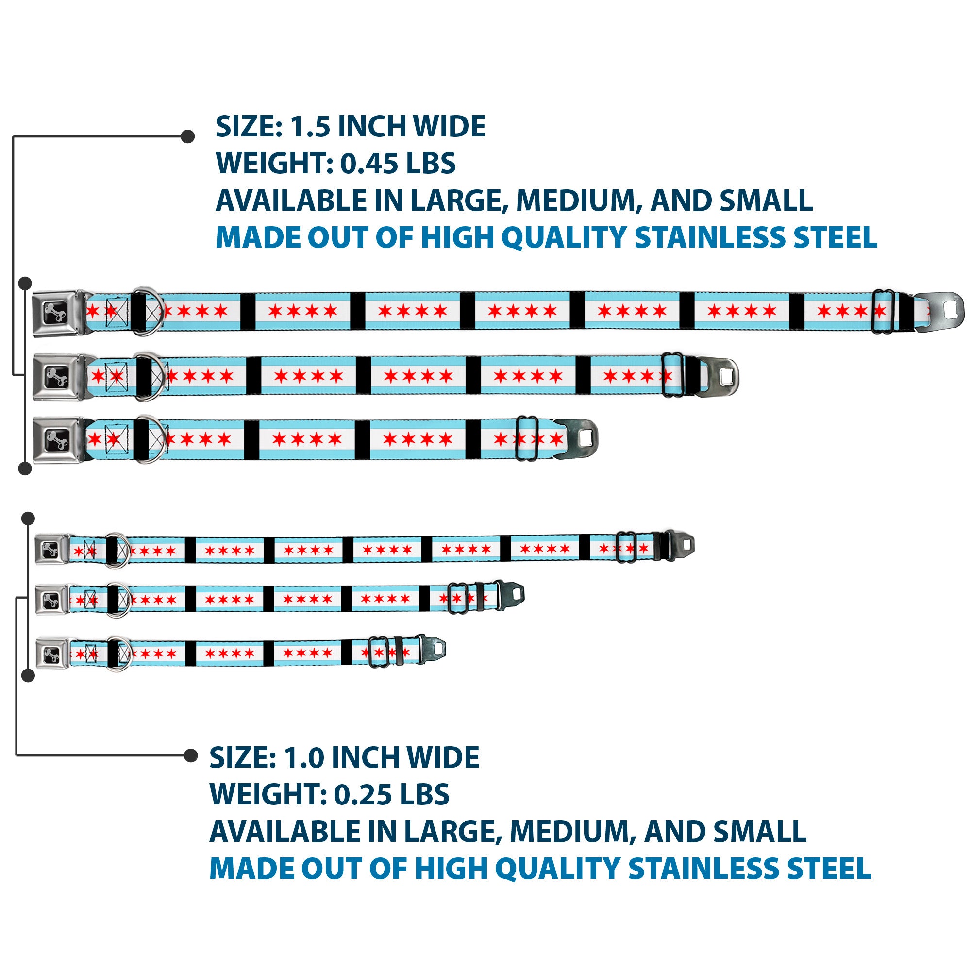 Dog Bone Seatbelt Buckle Collar - Chicago Flags/Black Seatbelt Buckle Collars Buckle-Down