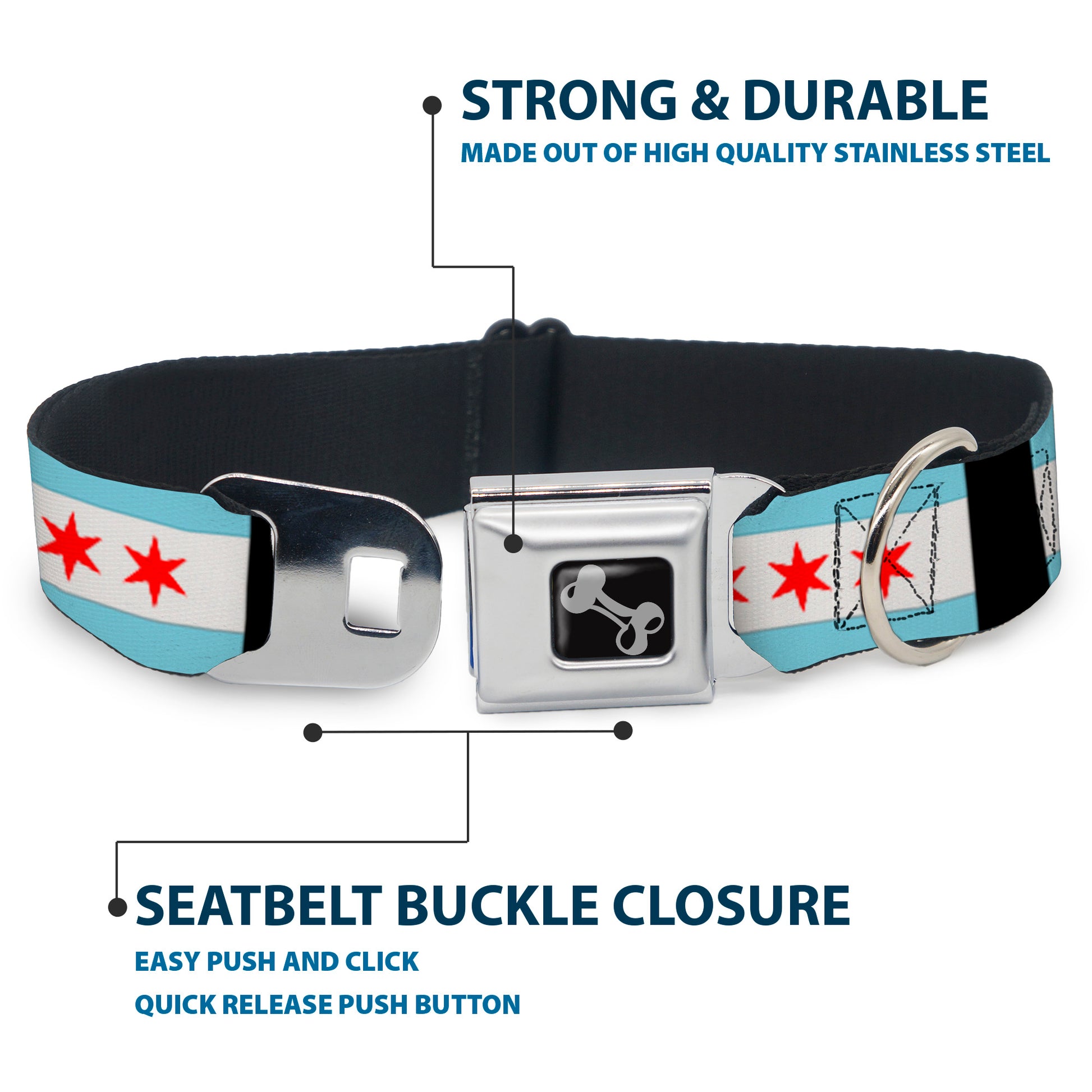 Dog Bone Seatbelt Buckle Collar - Chicago Flags/Black Seatbelt Buckle Collars Buckle-Down