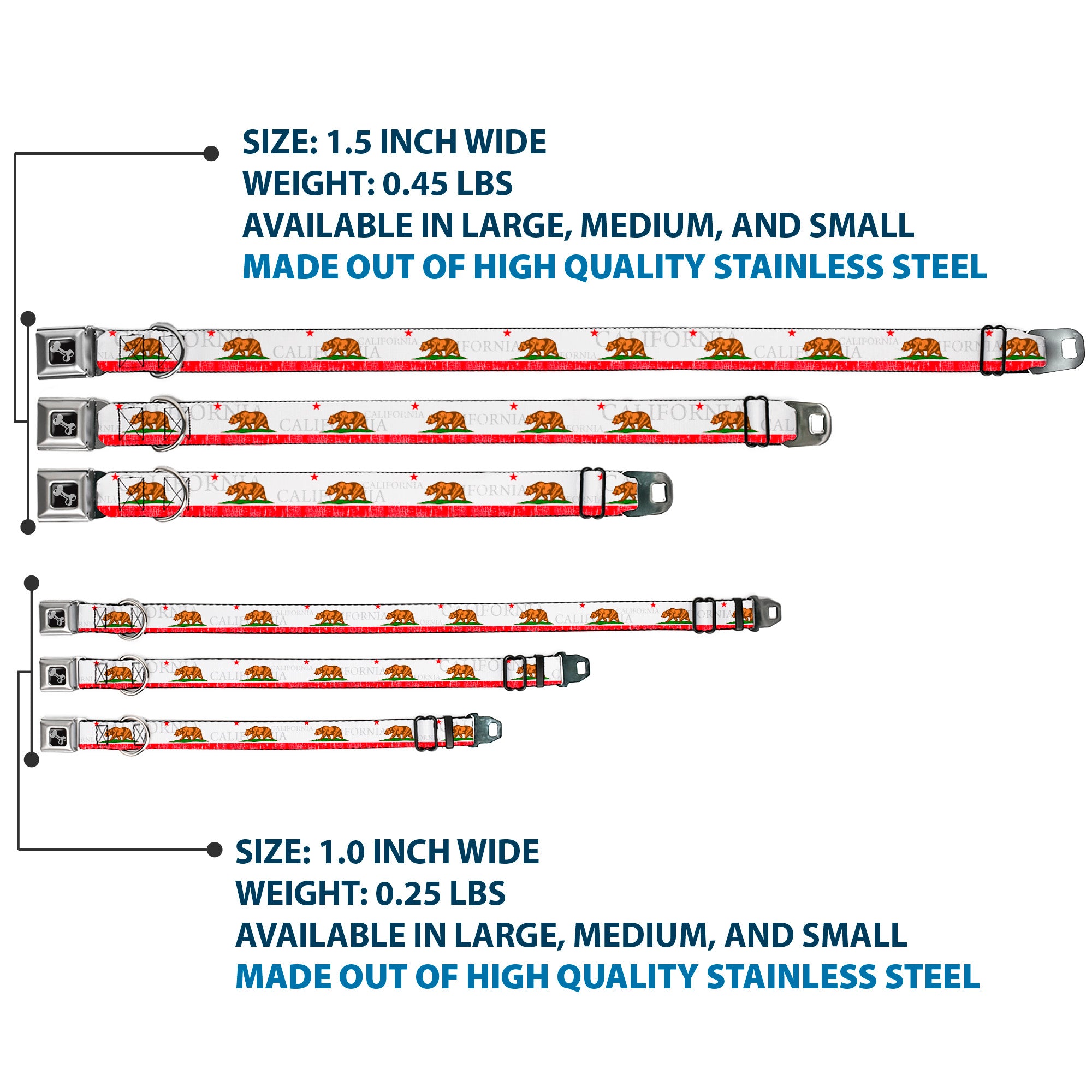 Dog Bone Seatbelt Buckle Collar - CALIFORNIA Bear/Star/Crackle Stripe White/Gray/Red Seatbelt Buckle Collars Buckle-Down