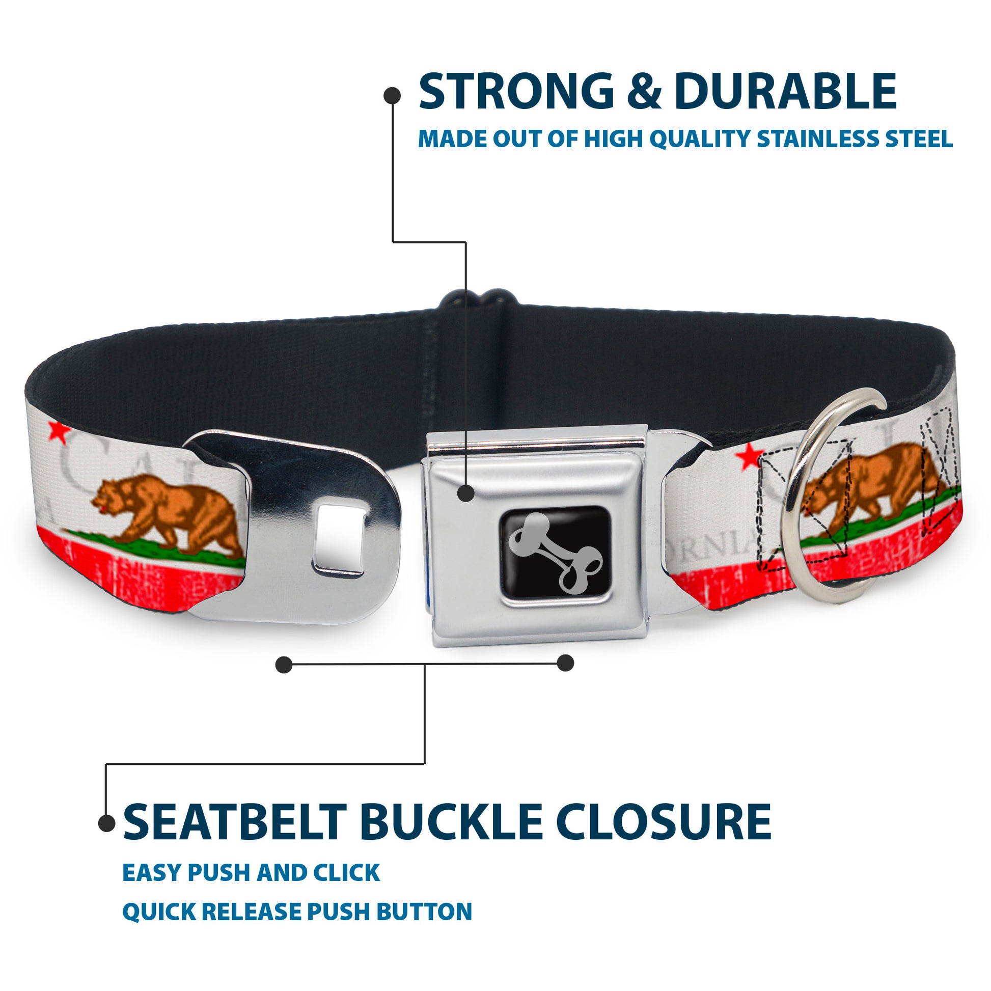 Dog Bone Seatbelt Buckle Collar - CALIFORNIA Bear/Star/Crackle Stripe White/Gray/Red Seatbelt Buckle Collars Buckle-Down