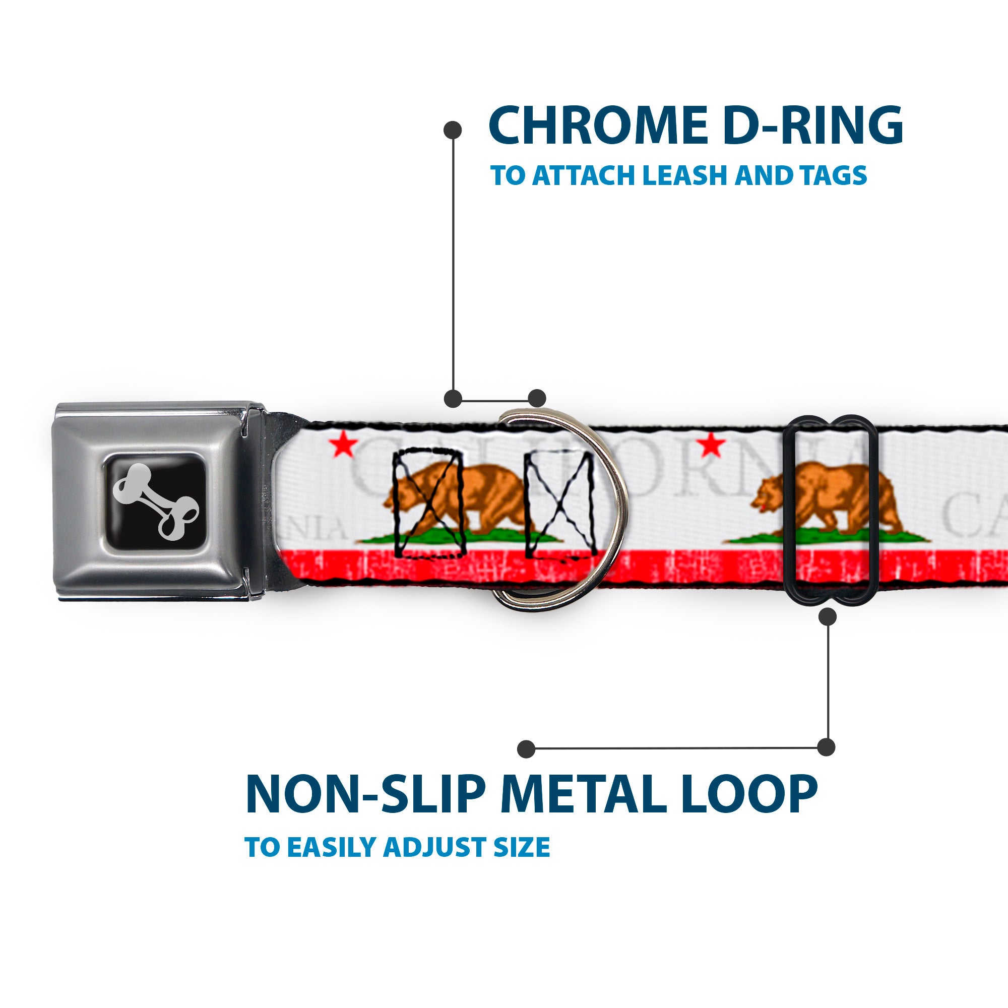 Dog Bone Seatbelt Buckle Collar - CALIFORNIA Bear/Star/Crackle Stripe White/Gray/Red Seatbelt Buckle Collars Buckle-Down