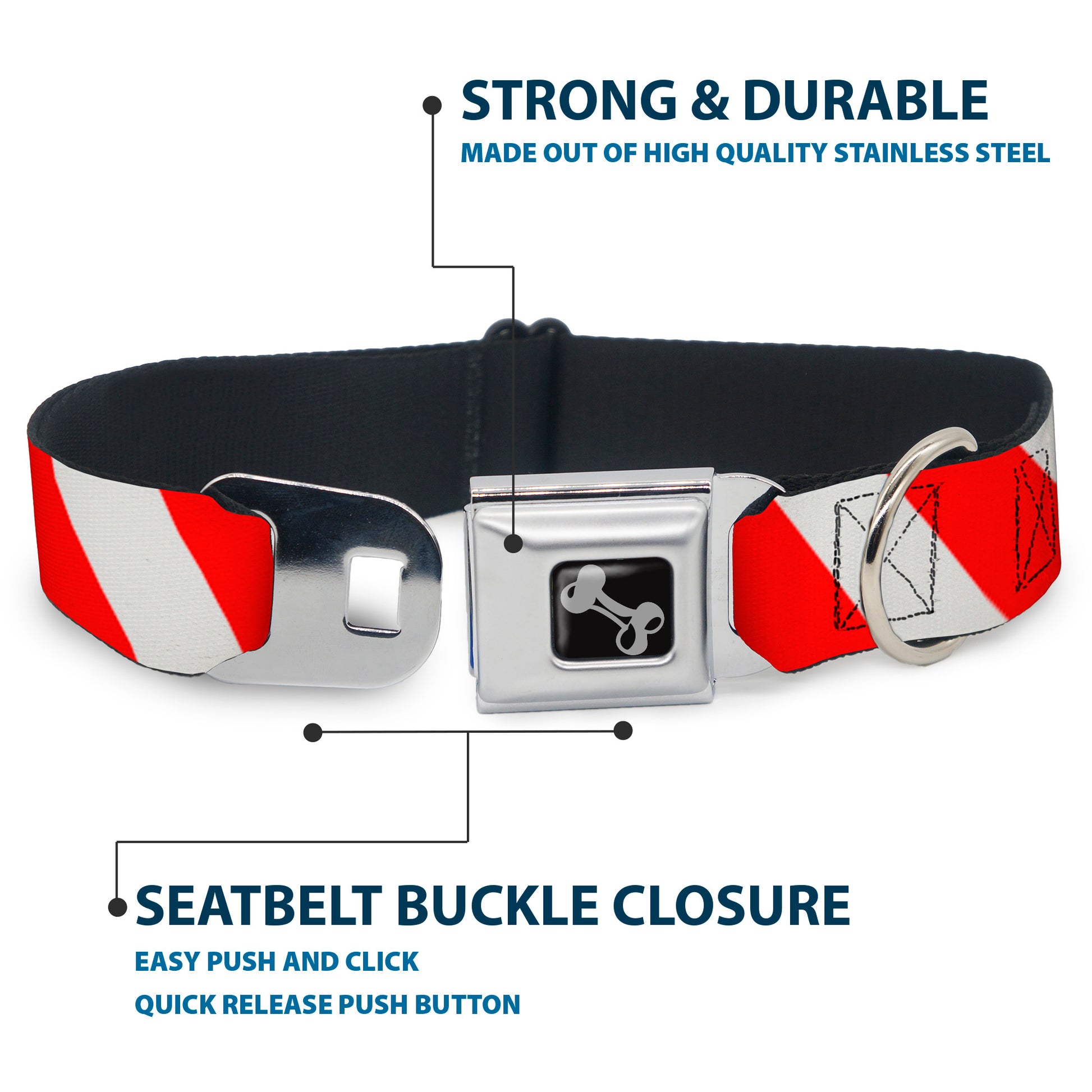 Dog Bone Seatbelt Buckle Collar - Candy Cane2 Stripe White/Red Seatbelt Buckle Collars Buckle-Down