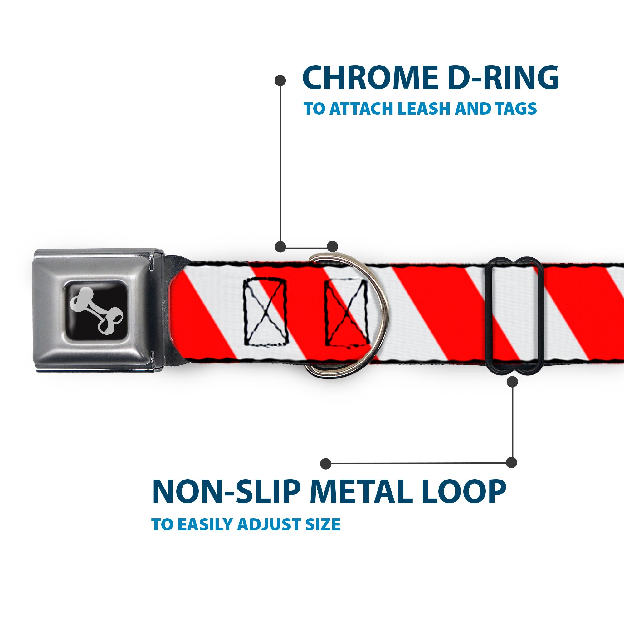 Dog Bone Seatbelt Buckle Collar - Candy Cane2 Stripe White/Red Seatbelt Buckle Collars Buckle-Down