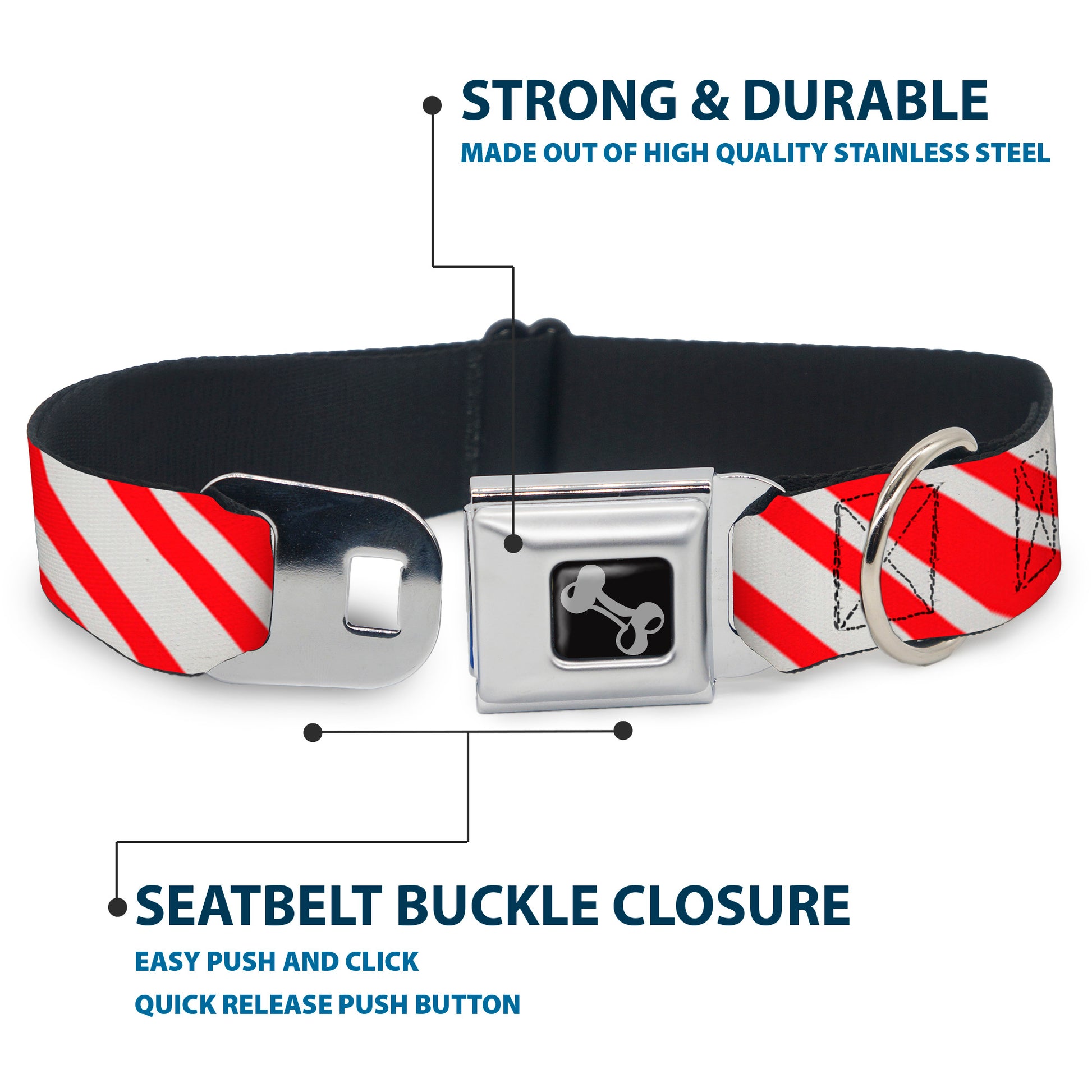 Dog Bone Seatbelt Buckle Collar - Candy Cane3 Stripe White/3-Red Seatbelt Buckle Collars Buckle-Down