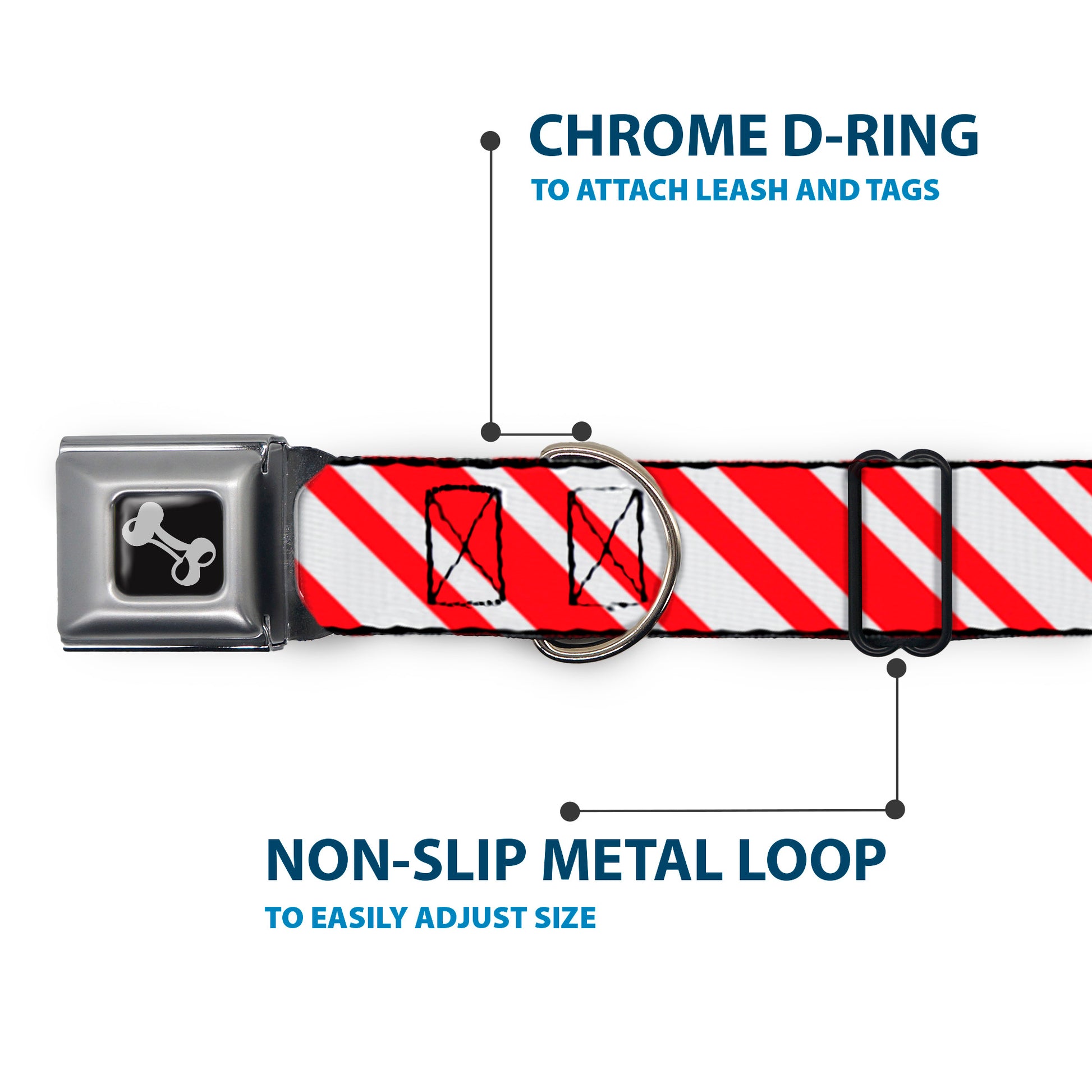 Dog Bone Seatbelt Buckle Collar - Candy Cane3 Stripe White/3-Red Seatbelt Buckle Collars Buckle-Down