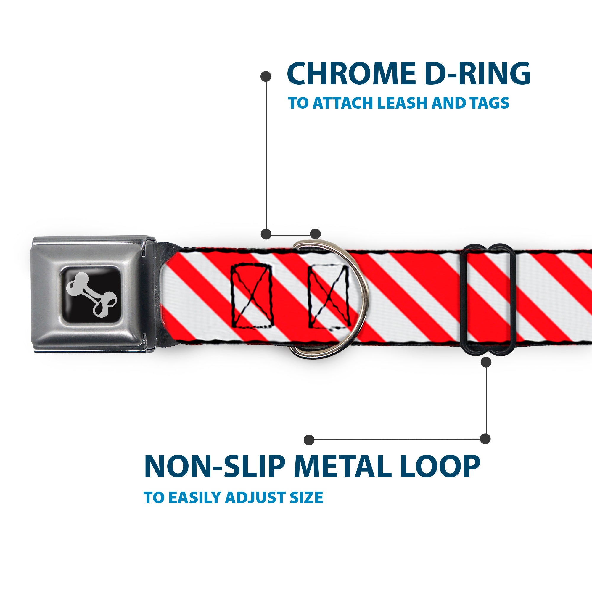 Dog Bone Seatbelt Buckle Collar - Candy Cane3 Stripe White/3-Red Seatbelt Buckle Collars Buckle-Down