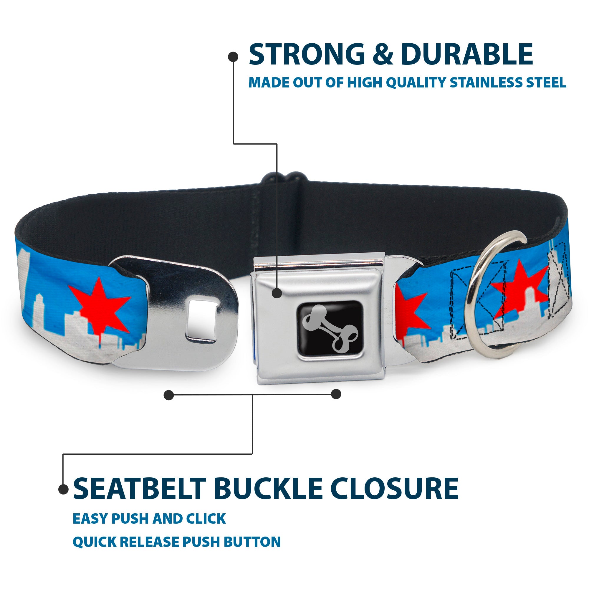 Dog Bone Seatbelt Buckle Collar - Chicago Skyline/Flag Distressed Black/White/Red Seatbelt Buckle Collars Buckle-Down