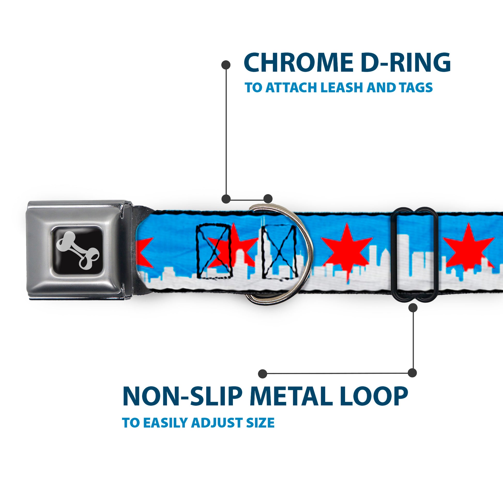 Dog Bone Seatbelt Buckle Collar - Chicago Skyline/Flag Distressed Black/White/Red Seatbelt Buckle Collars Buckle-Down
