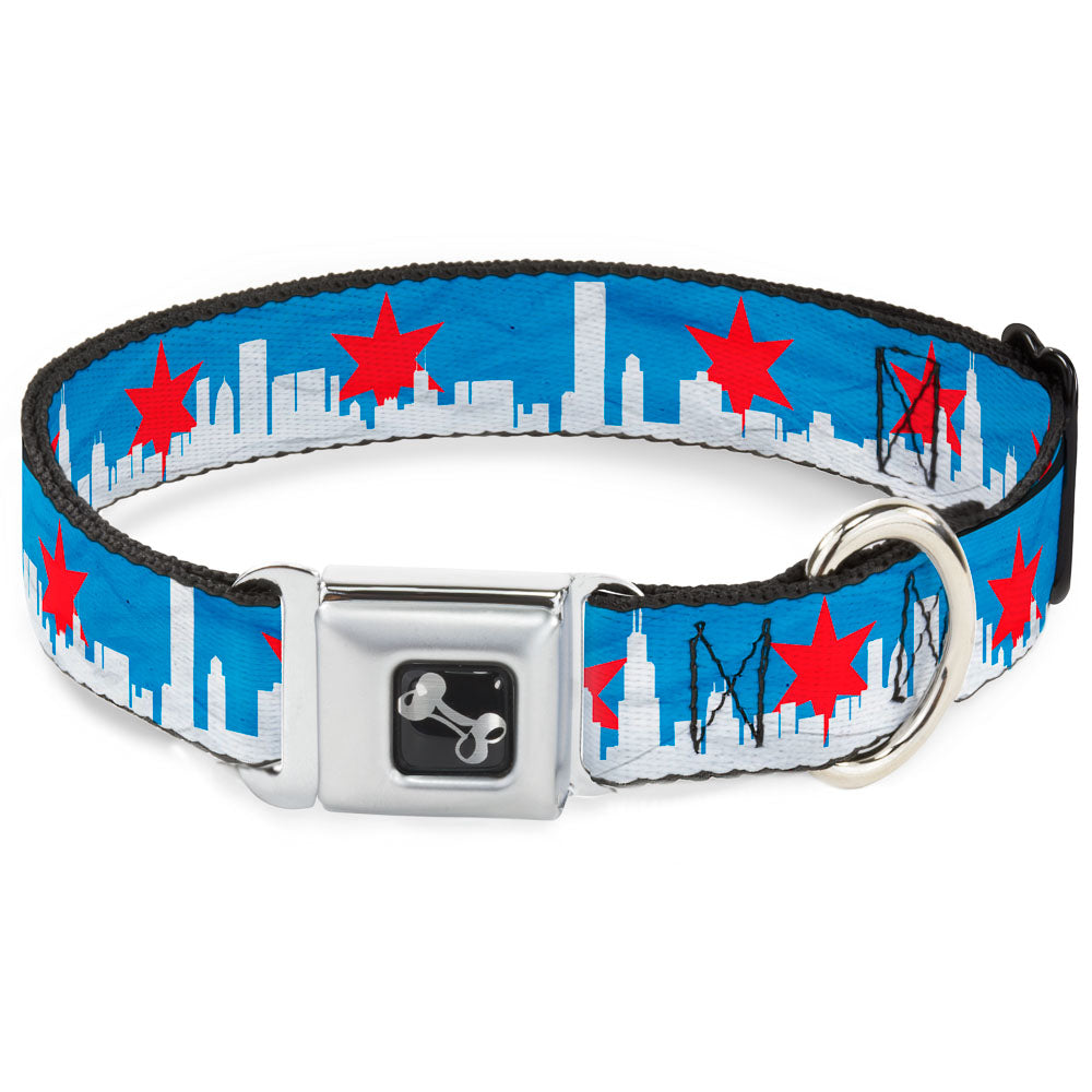Dog Bone Seatbelt Buckle Collar - Chicago Skyline/Flag Distressed Black/White/Red Seatbelt Buckle Collars Buckle-Down