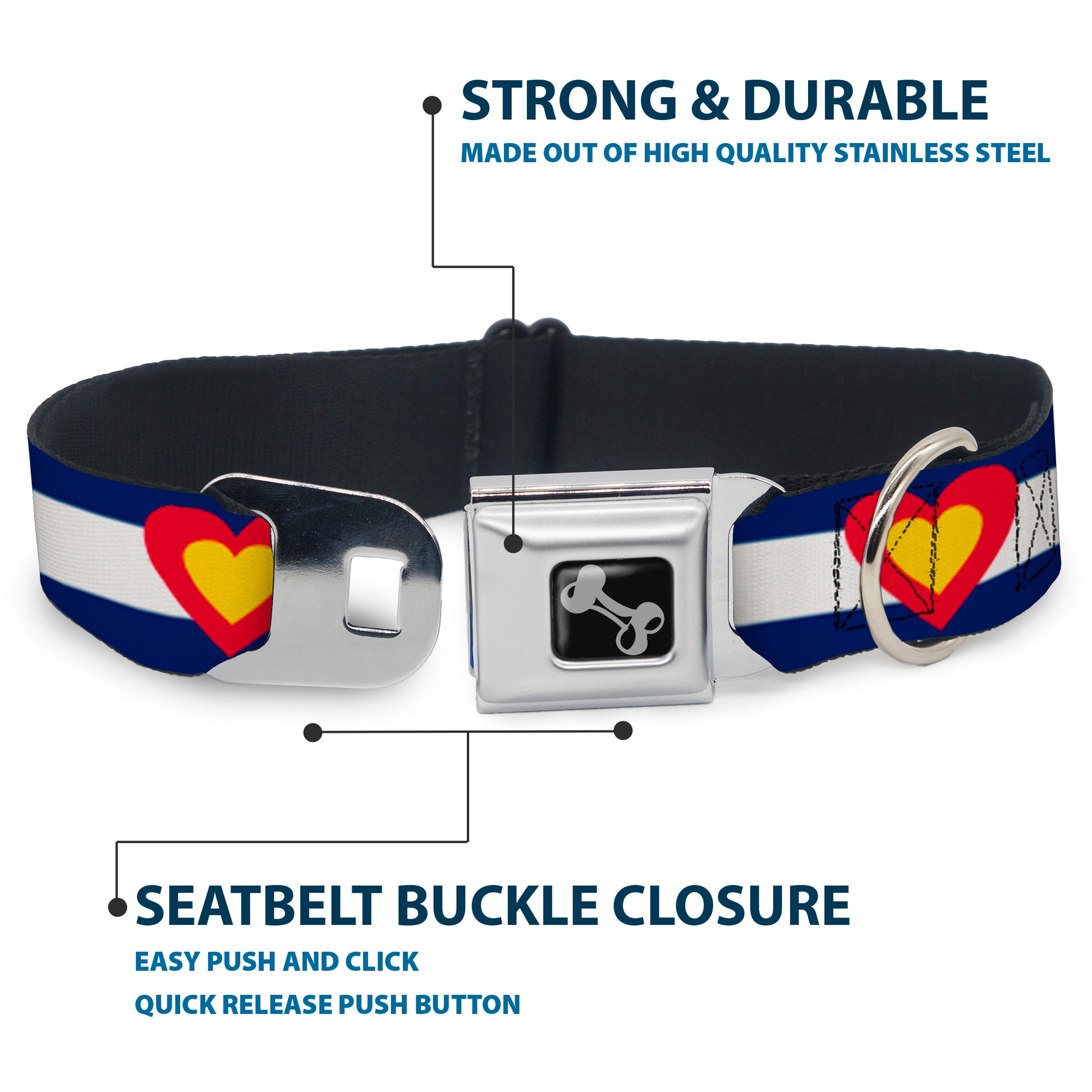 Dog Bone Seatbelt Buckle Collar - Colorado Heart Blue/White/Red/Yellow Seatbelt Buckle Collars Buckle-Down