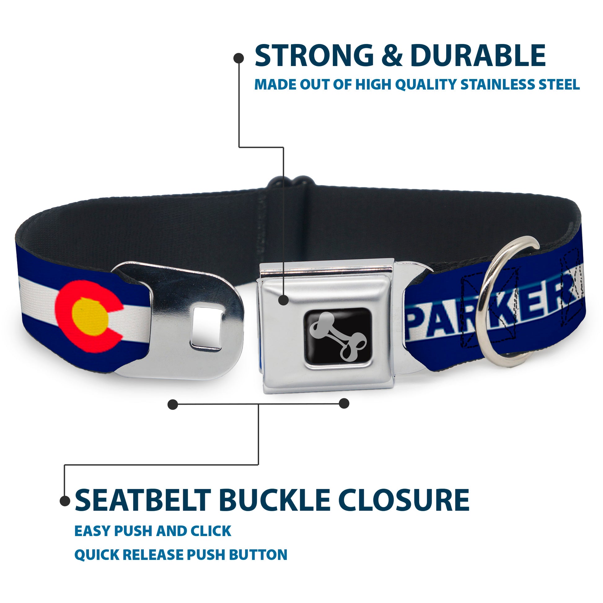 Dog Bone Seatbelt Buckle Collar - Colorado PARKER Flag Blue/White/Red/Yellow Seatbelt Buckle Collars Buckle-Down