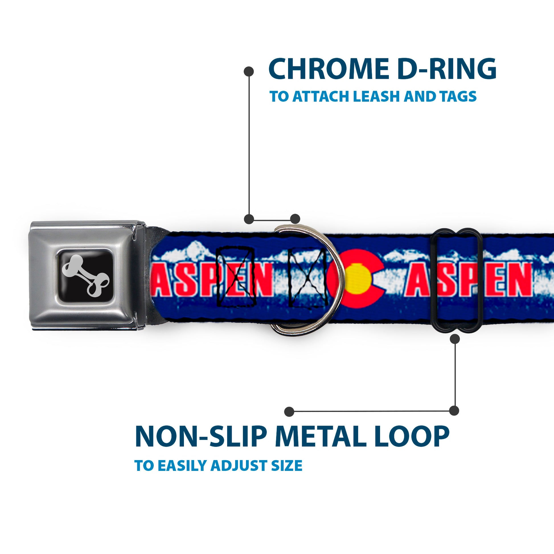 Dog Bone Seatbelt Buckle Collar - Colorado ASPEN Flag/Snowy Mountains Weathered Blue/White/Red/Yellows Seatbelt Buckle Collars Buckle-Down