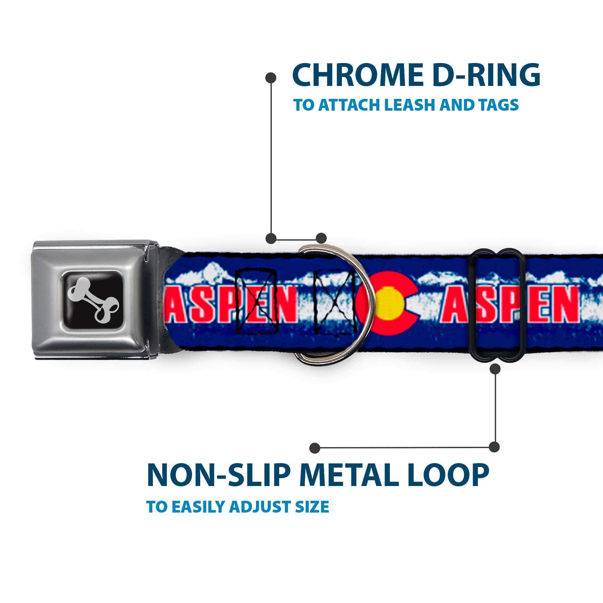 Dog Bone Seatbelt Buckle Collar - Colorado ASPEN Flag/Snowy Mountains Weathered Blue/White/Red/Yellows Seatbelt Buckle Collars Buckle-Down