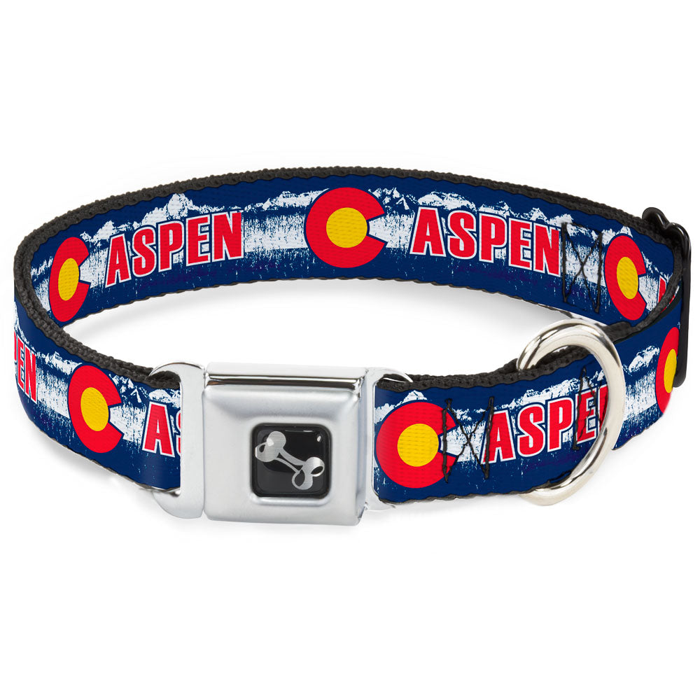 Dog Bone Seatbelt Buckle Collar - Colorado ASPEN Flag/Snowy Mountains Weathered Blue/White/Red/Yellows Seatbelt Buckle Collars Buckle-Down