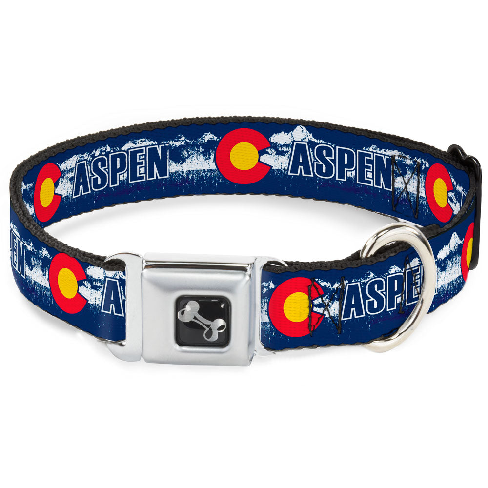 Dog Bone Seatbelt Buckle Collar - Colorado ASPEN Flag/Snowy Mountains Weathered2 Blue/White/Red/Yellows Seatbelt Buckle Collars Buckle-Down