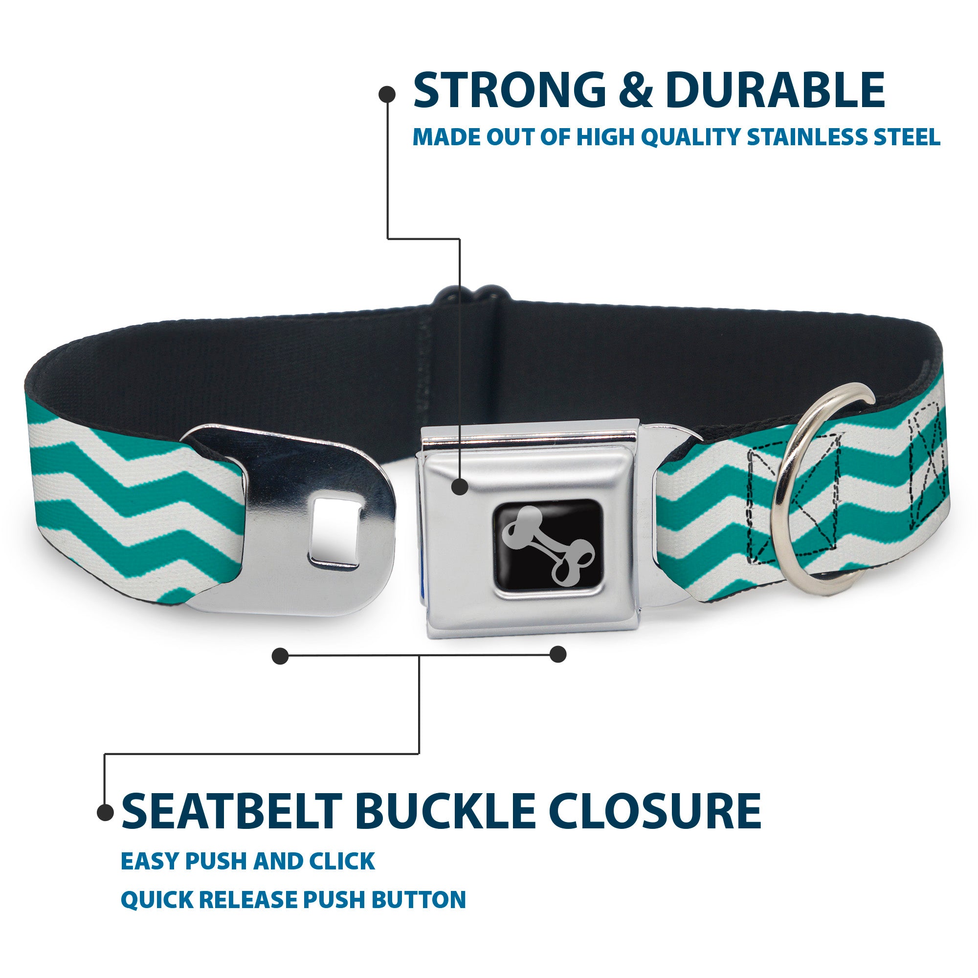 Dog Bone Seatbelt Buckle Collar - Chevron Stripe White/Teal Seatbelt Buckle Collars Buckle-Down