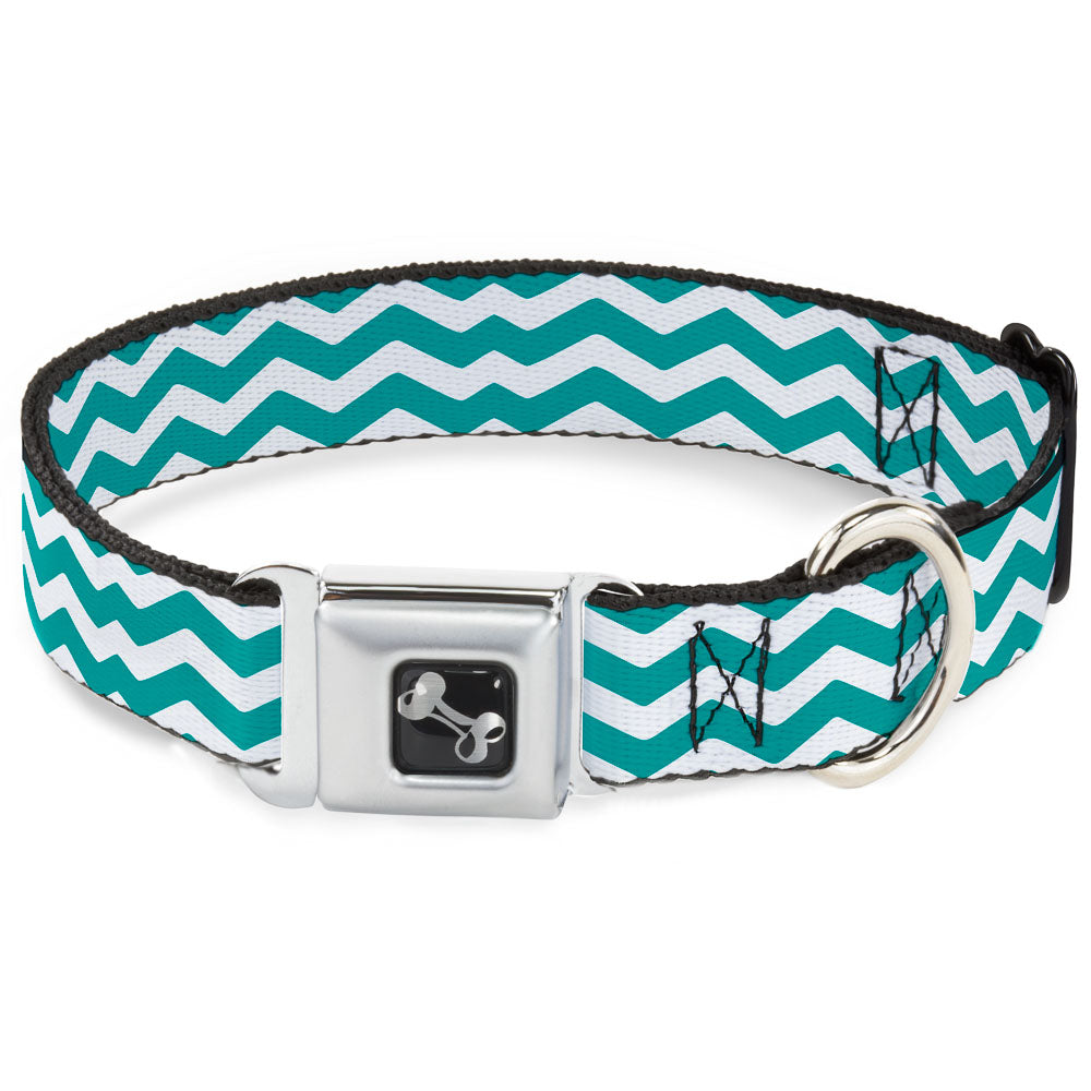 Dog Bone Seatbelt Buckle Collar - Chevron Stripe White/Teal Seatbelt Buckle Collars Buckle-Down