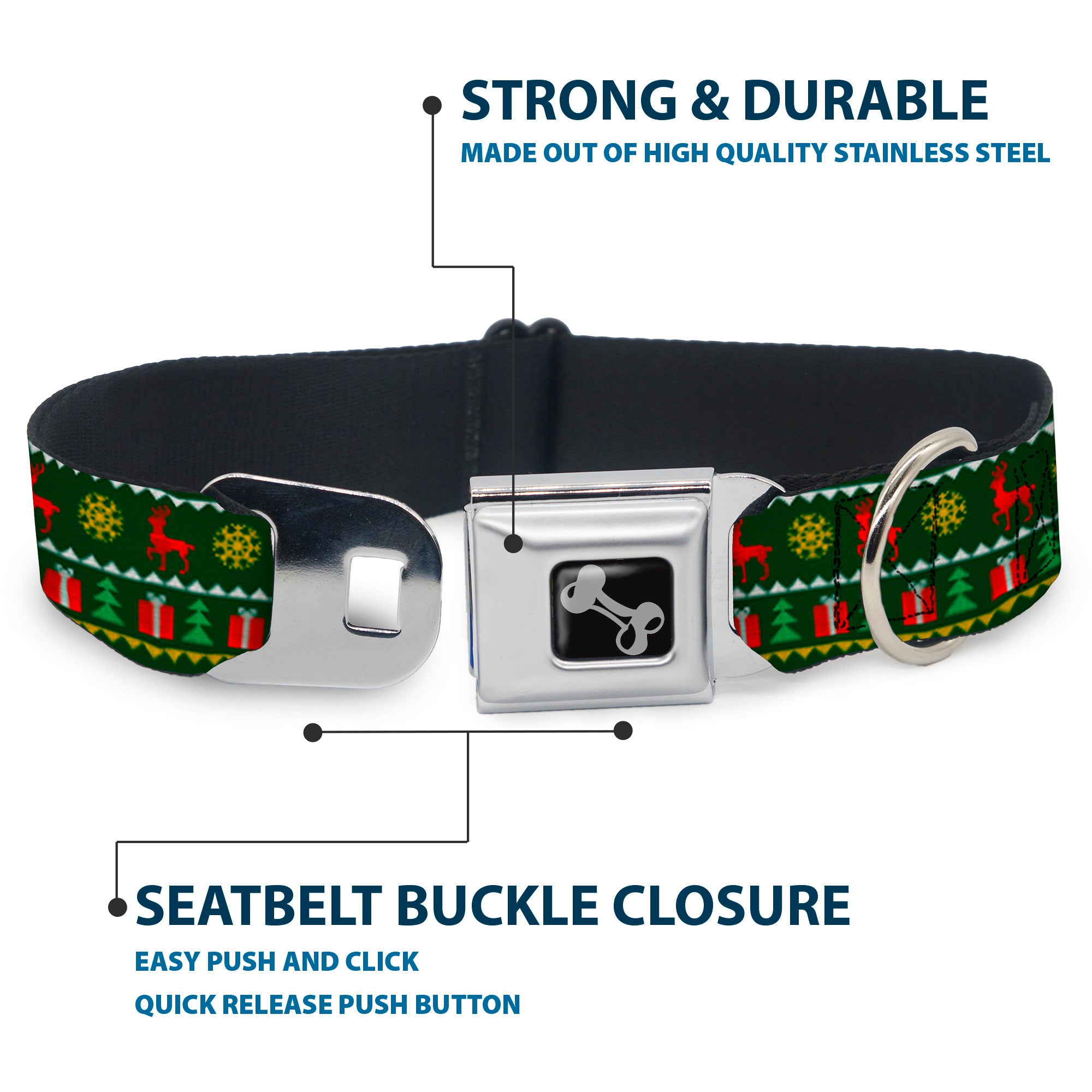 Dog Bone Seatbelt Buckle Collar - Christmas Sweater Stitch Green/White/Gold/Red Seatbelt Buckle Collars Buckle-Down
