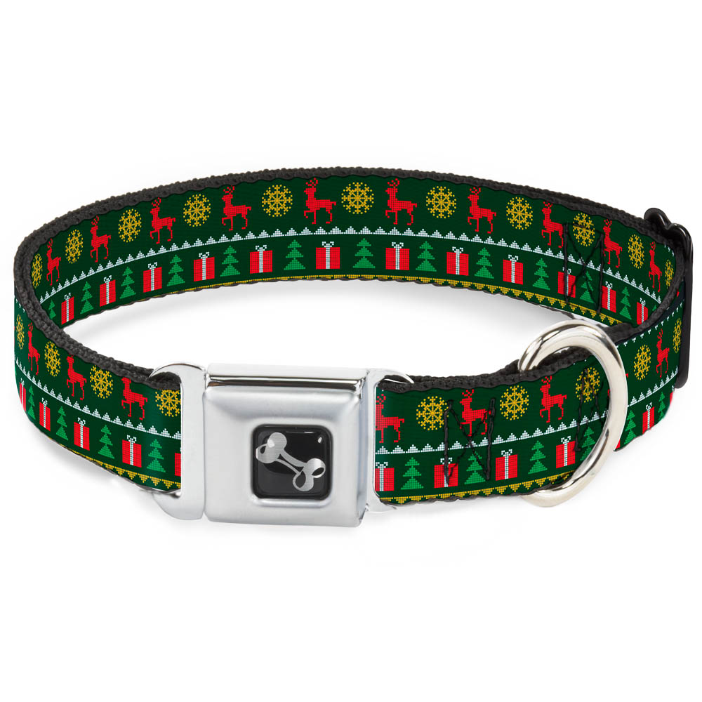 Dog Bone Seatbelt Buckle Collar - Christmas Sweater Stitch Green/White/Gold/Red Seatbelt Buckle Collars Buckle-Down