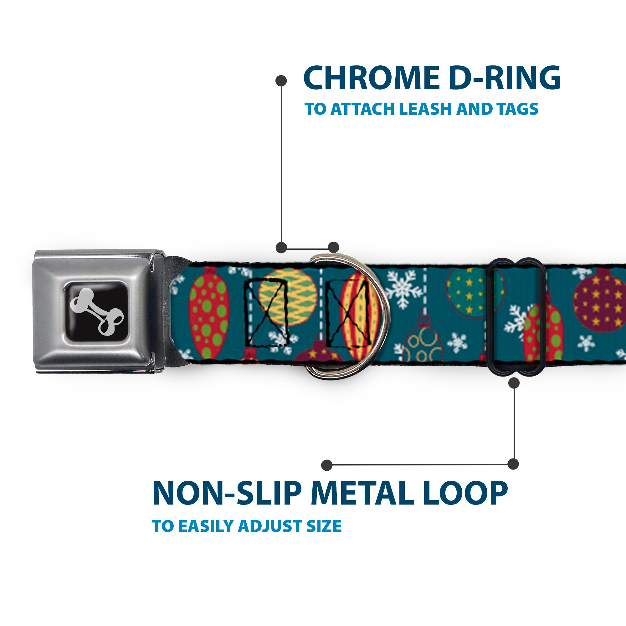 Dog Bone Seatbelt Buckle Collar - Christmas Ornaments/Snowflakes Blue/White/Multi Color Seatbelt Buckle Collars Buckle-Down