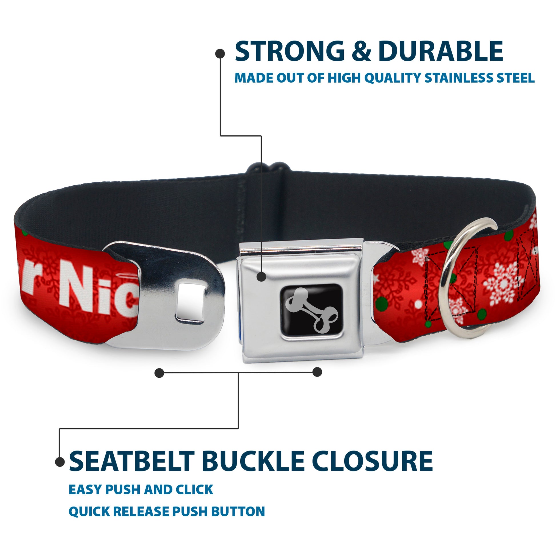 Dog Bone Seatbelt Buckle Collar - Christmas NAUGHTY OR NICE/Snowflakes Reds/White/Green Seatbelt Buckle Collars Buckle-Down