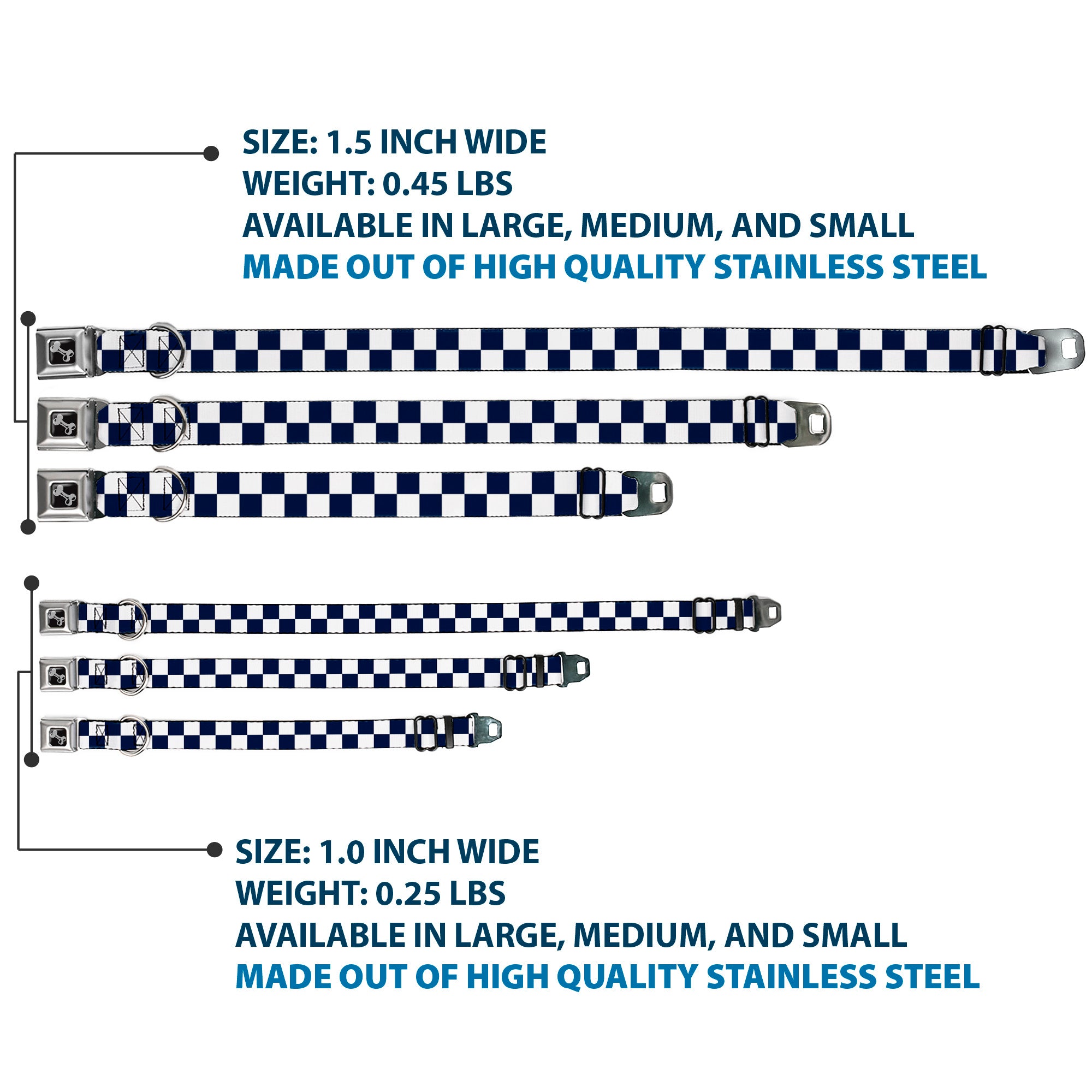 Dog Bone Black/Silver Seatbelt Buckle Collar - Checker Midnight Blue/White Seatbelt Buckle Collars Buckle-Down
