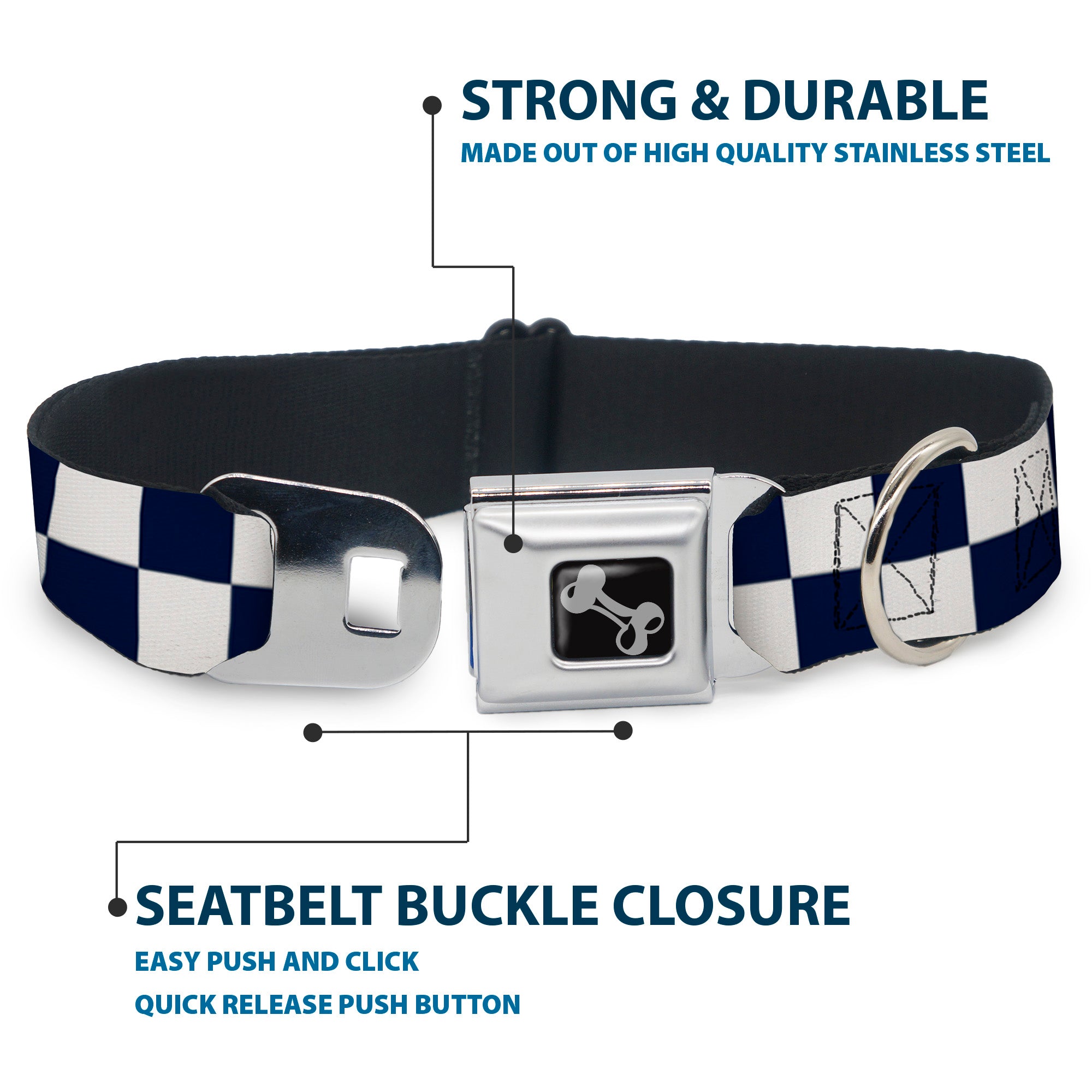 Dog Bone Black/Silver Seatbelt Buckle Collar - Checker Midnight Blue/White Seatbelt Buckle Collars Buckle-Down
