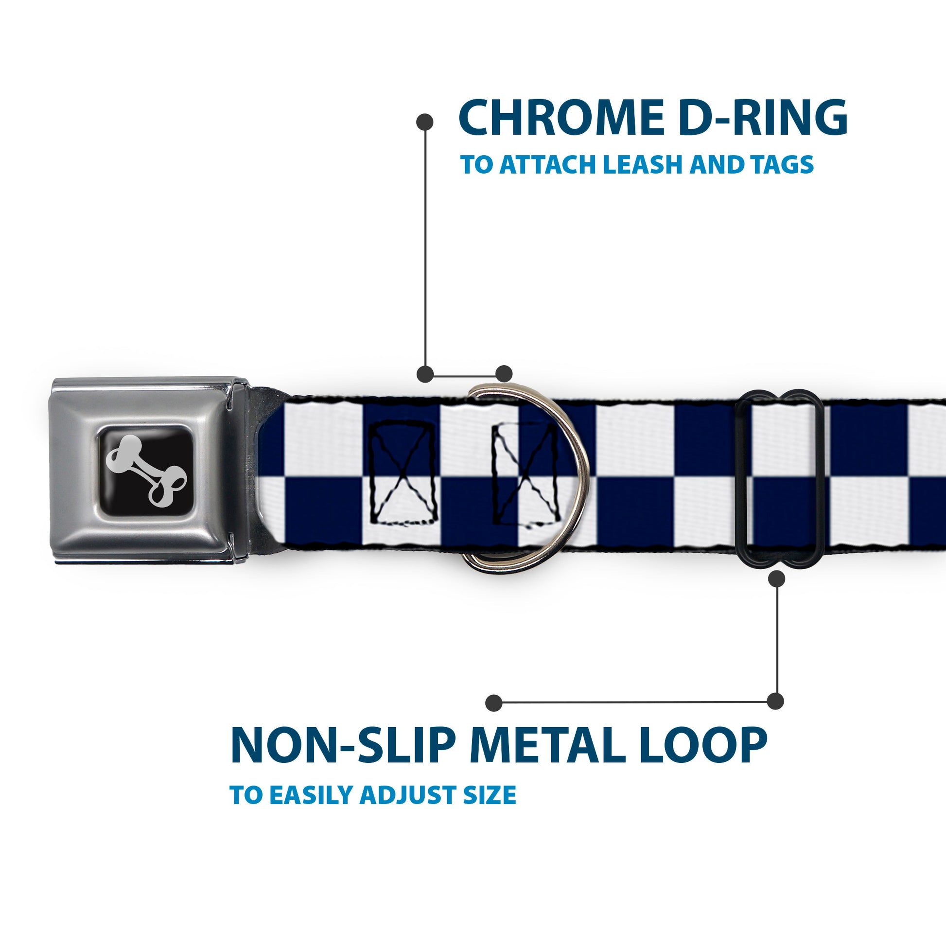 Dog Bone Black/Silver Seatbelt Buckle Collar - Checker Midnight Blue/White Seatbelt Buckle Collars Buckle-Down