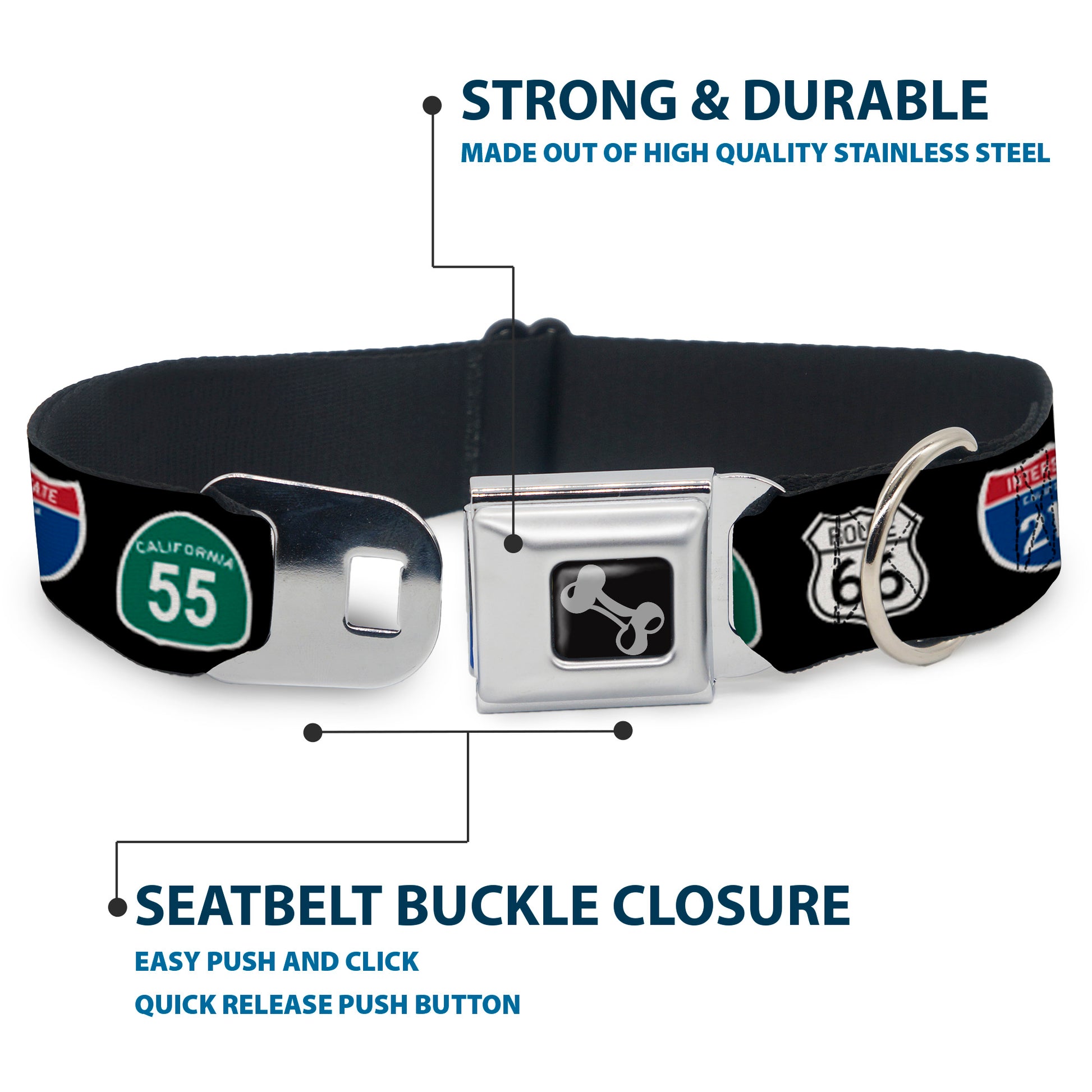 Dog Bone Seatbelt Buckle Collar - California Highway Signs Black Seatbelt Buckle Collars Buckle-Down