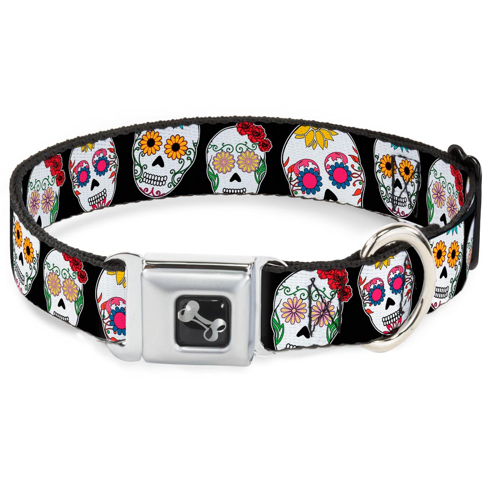 Dog Bone Seatbelt Buckle Collar - Staggered Sugar Skulls CLOSE-UP Black/Multi Color Seatbelt Buckle Collars Buckle-Down