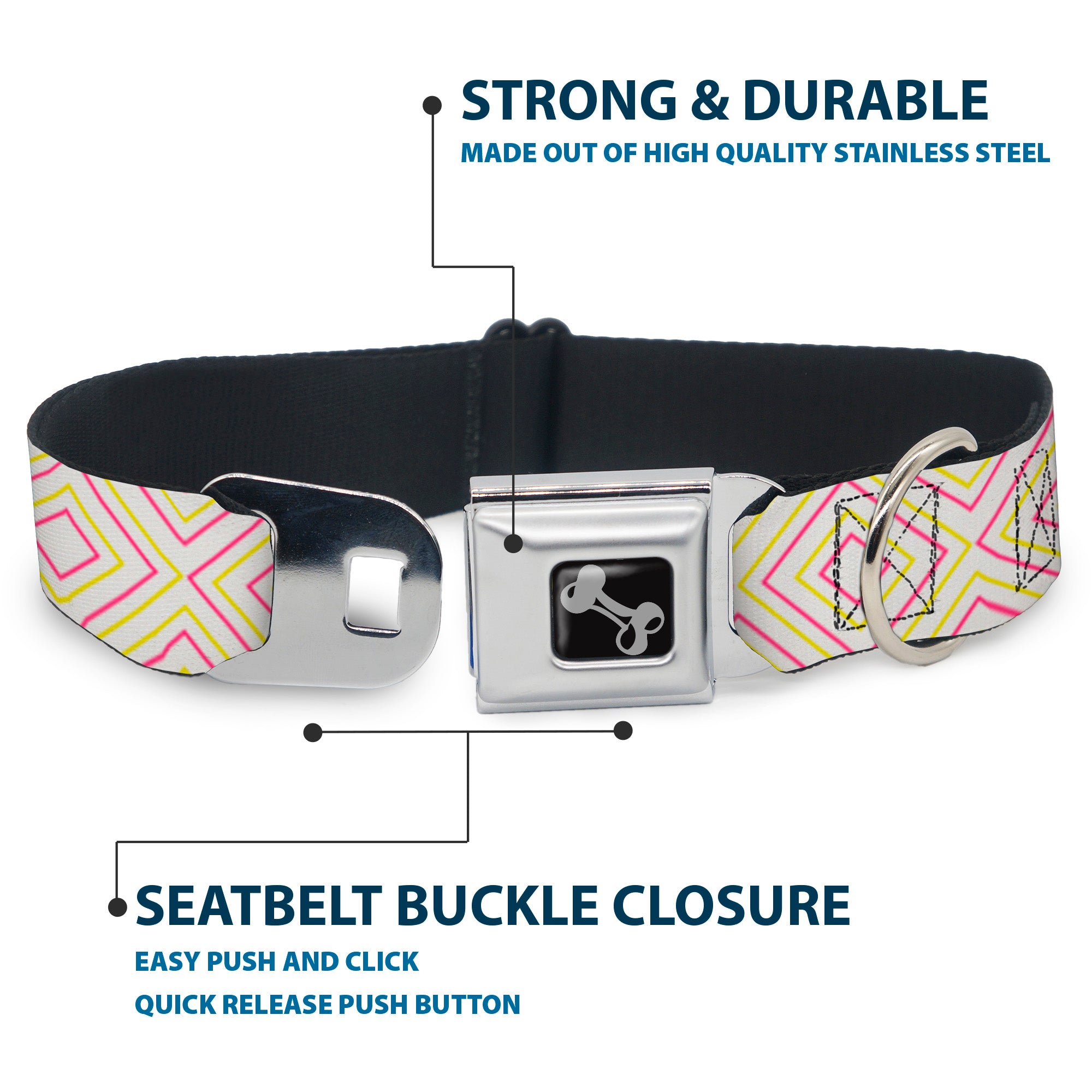 Dog Bone Seatbelt Buckle Collar - Square Lines White/Fluorescent Orange/Pink/Yellow Seatbelt Buckle Collars Buckle-Down