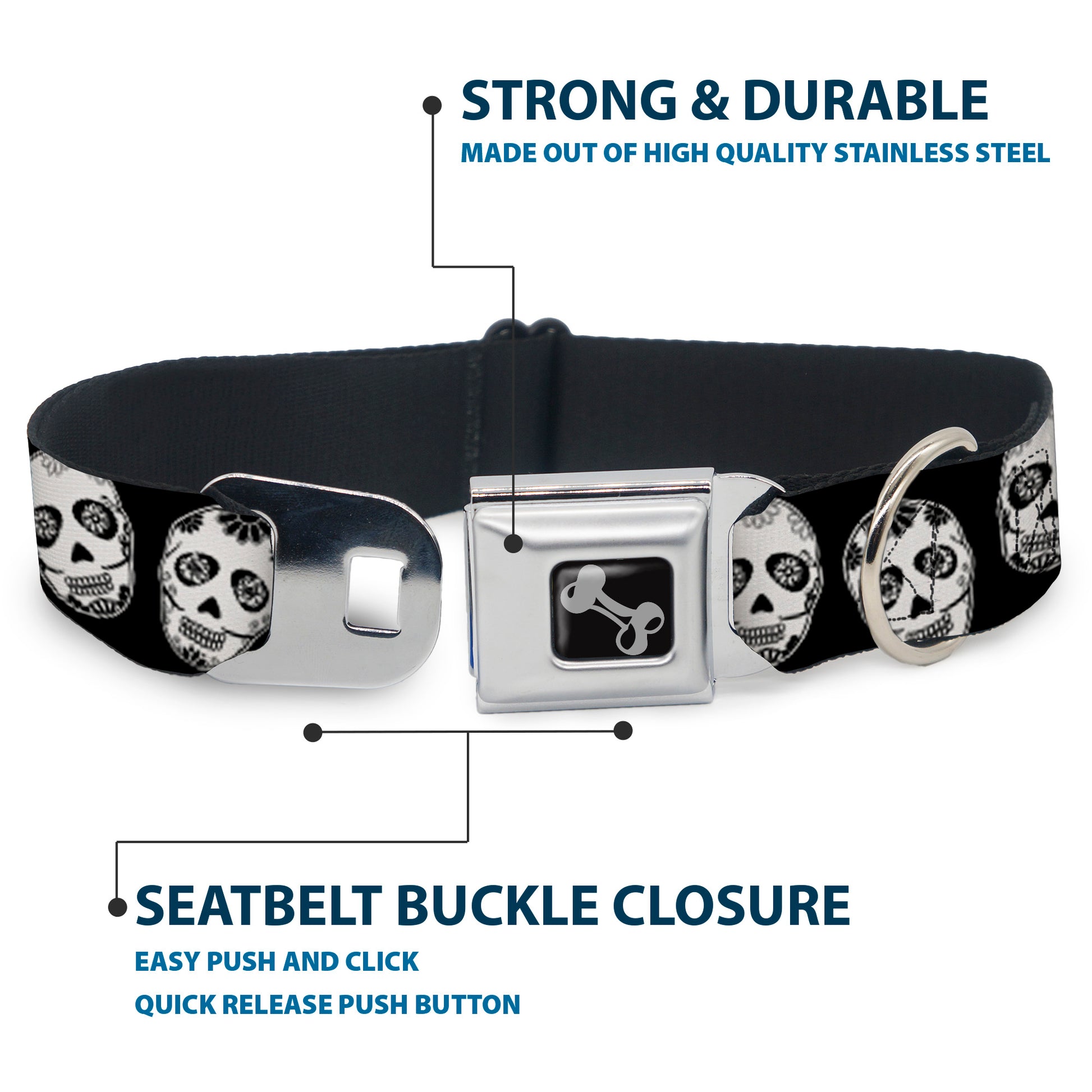 Dog Bone Seatbelt Buckle Collar - Sugar Skulls Black/White/Black Seatbelt Buckle Collars Buckle-Down