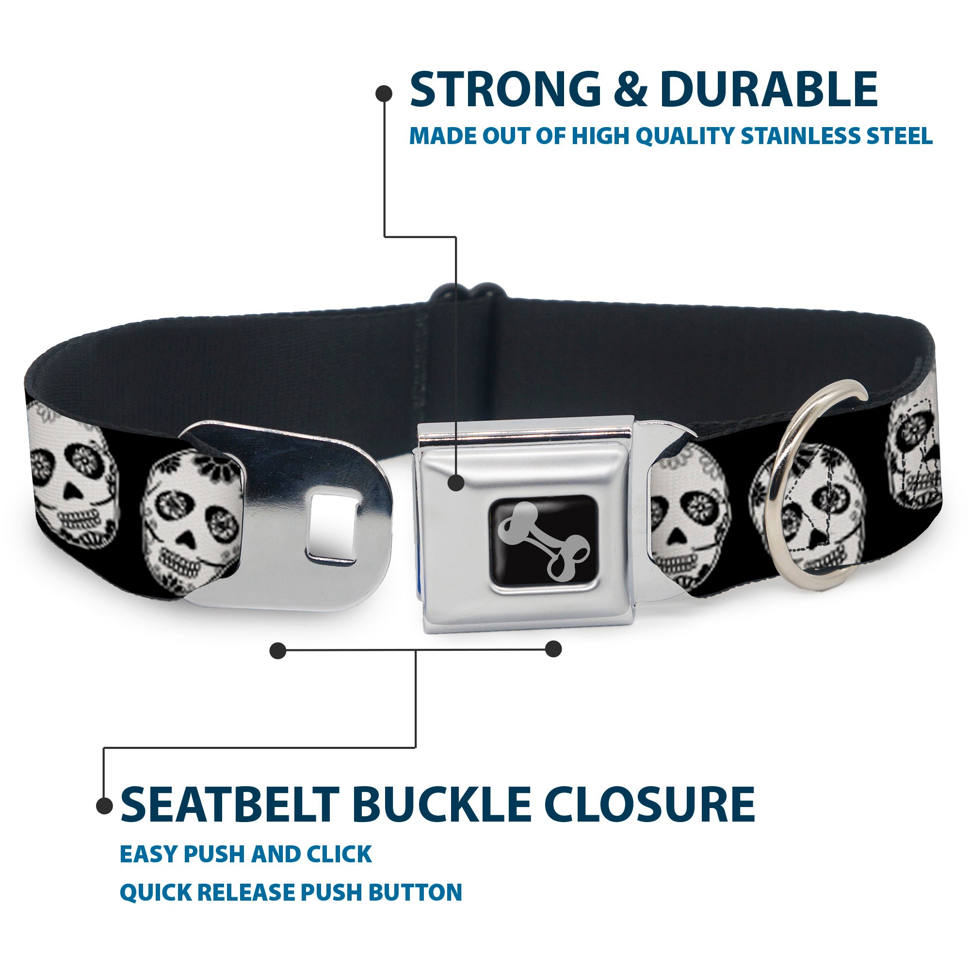 Dog Bone Seatbelt Buckle Collar - Sugar Skulls Black/White/Black Seatbelt Buckle Collars Buckle-Down