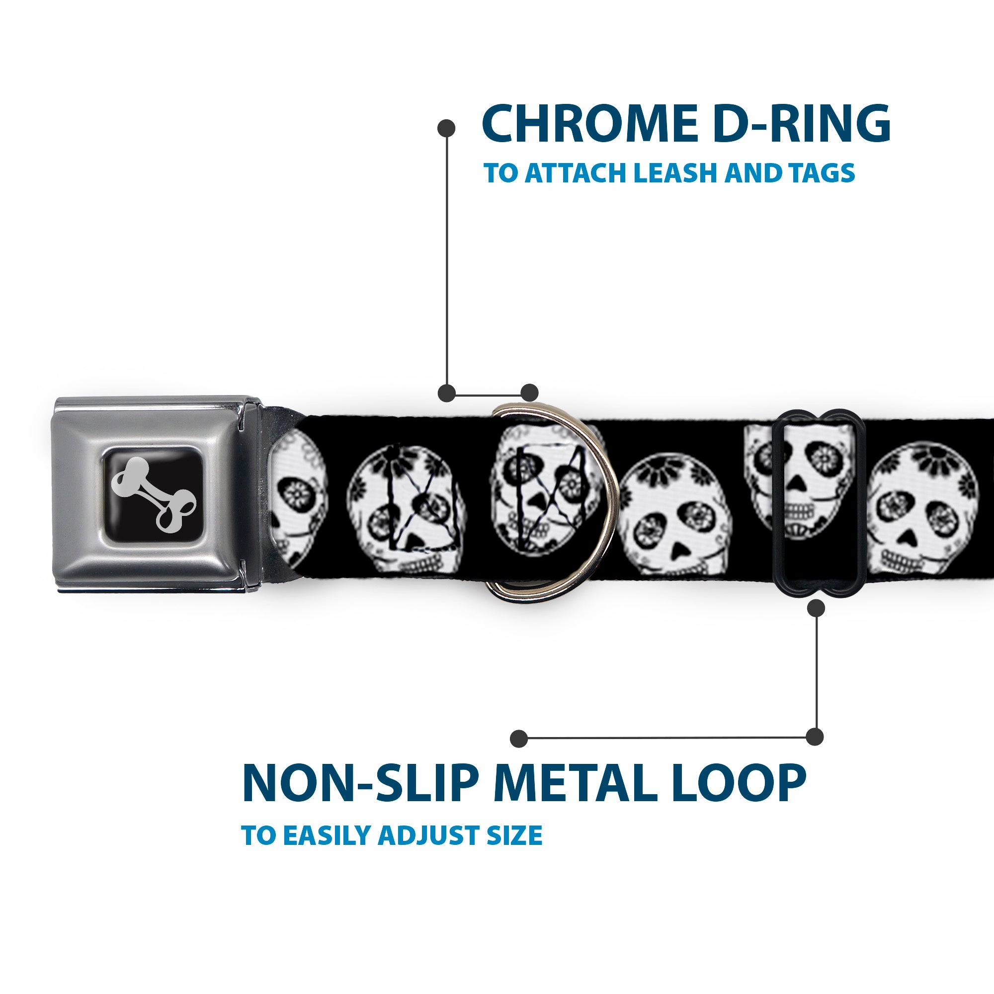Dog Bone Seatbelt Buckle Collar - Sugar Skulls Black/White/Black Seatbelt Buckle Collars Buckle-Down